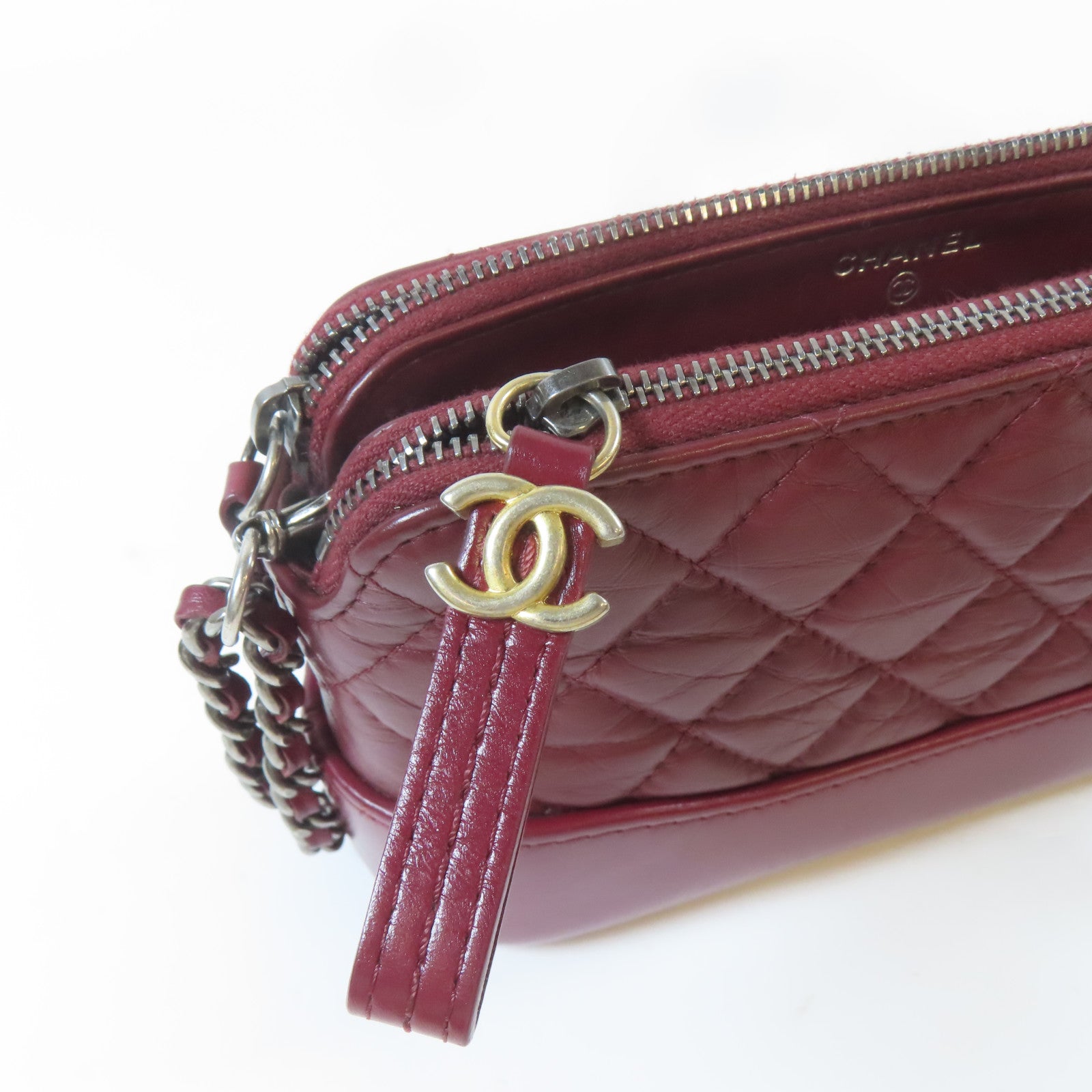 CHANEL 【激減優惠】菱格牛皮皮革Gabrielle Double Zip金扣/銀扣鏈帶肩背袋紅色