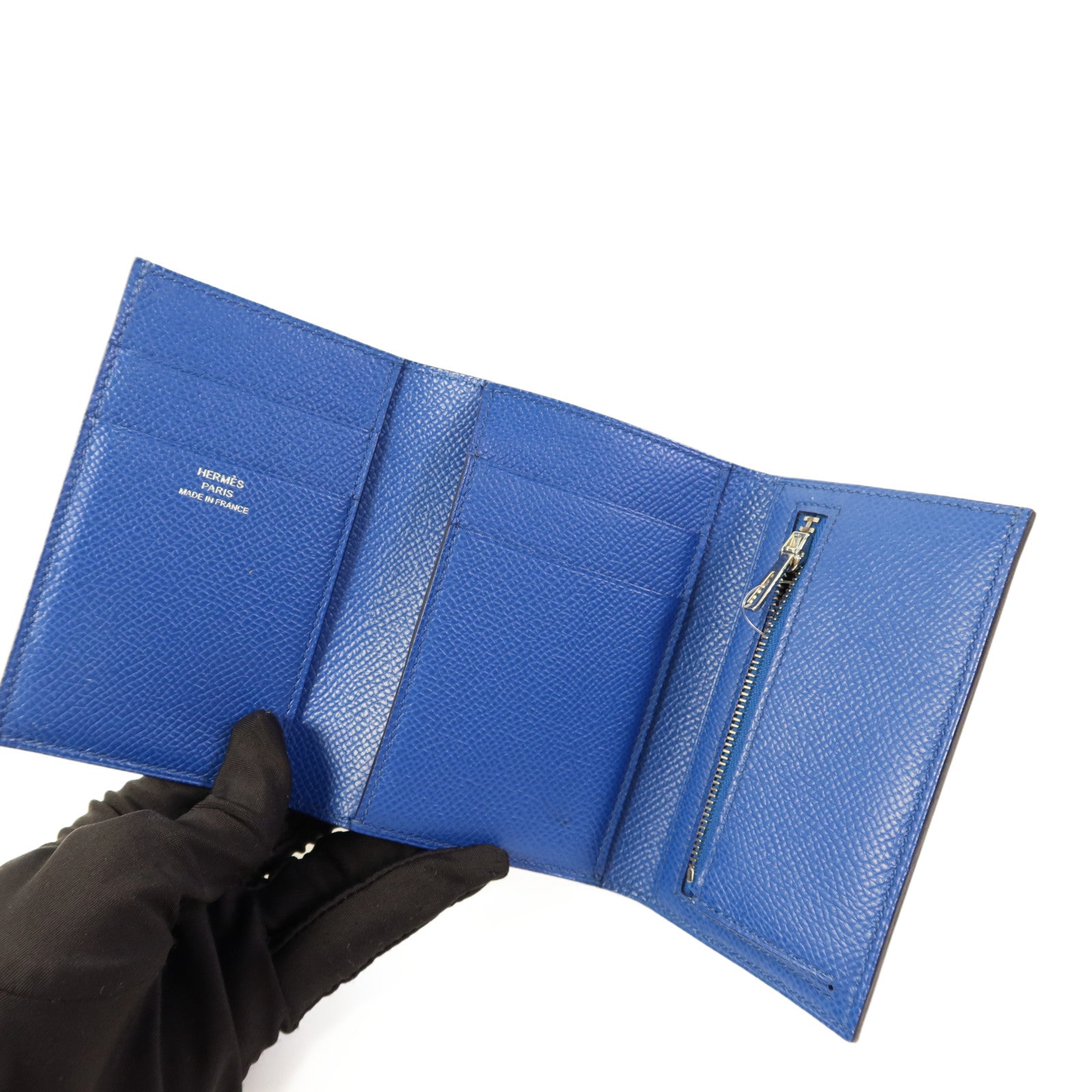 HERMES Epsom皮革Bearn Trifold Wallet銀扣錢包Bleu Saphir