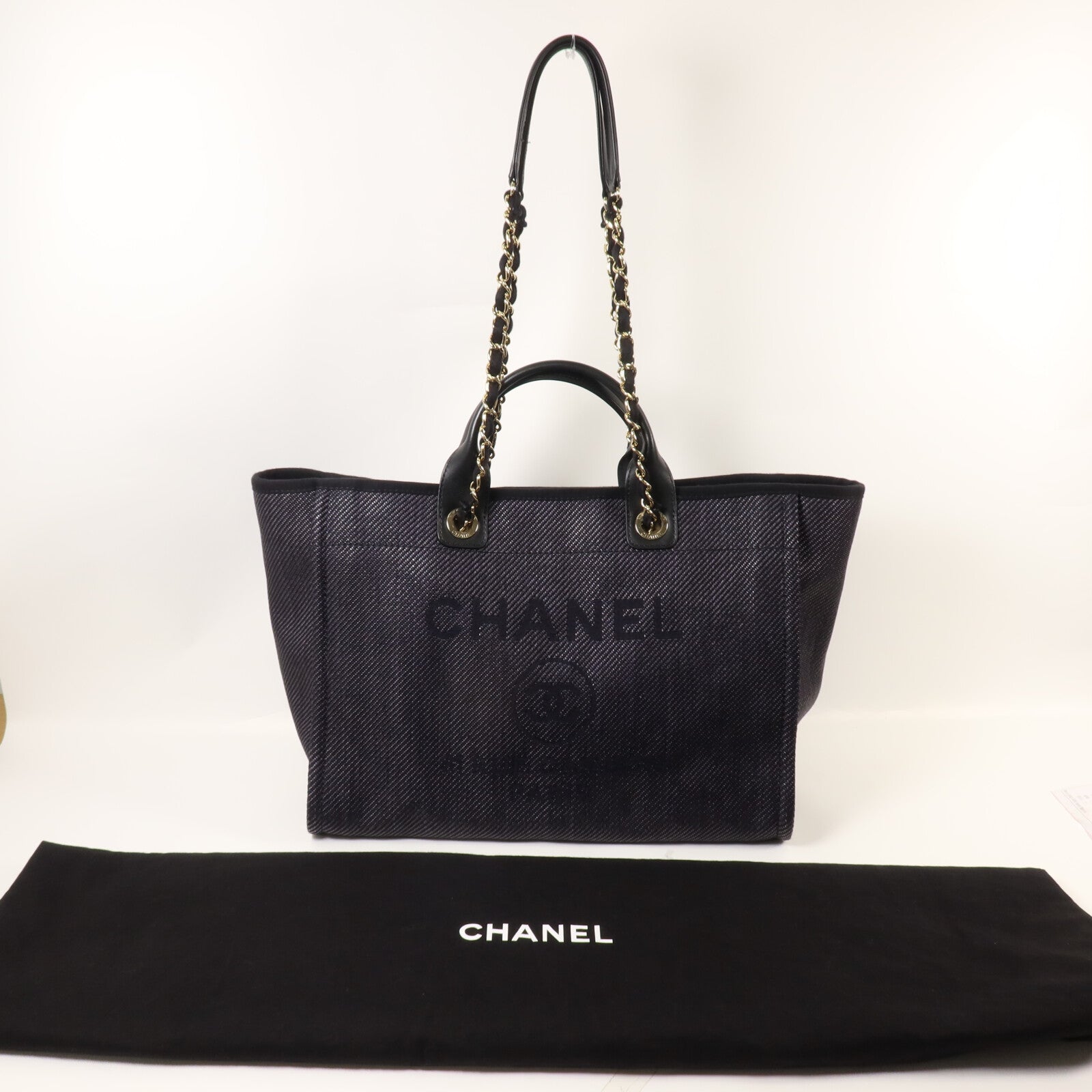 CHANEL 帆布Deauville Tote鏈帶手挽肩背兩用袋