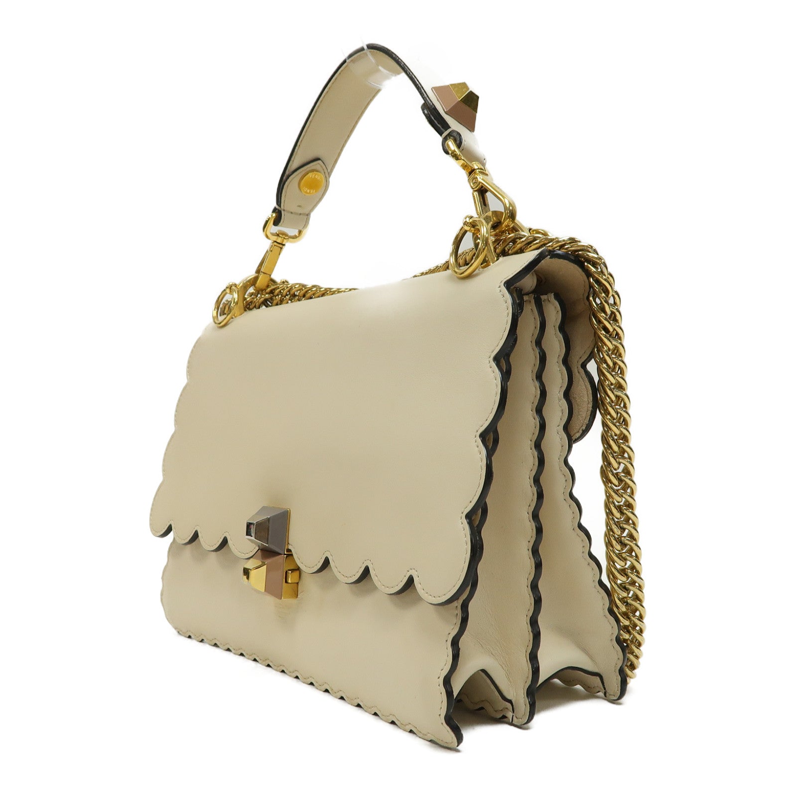 FENDI 【激減優惠】牛皮皮革Chain Shoulder金扣手挽肩背兩用袋米色