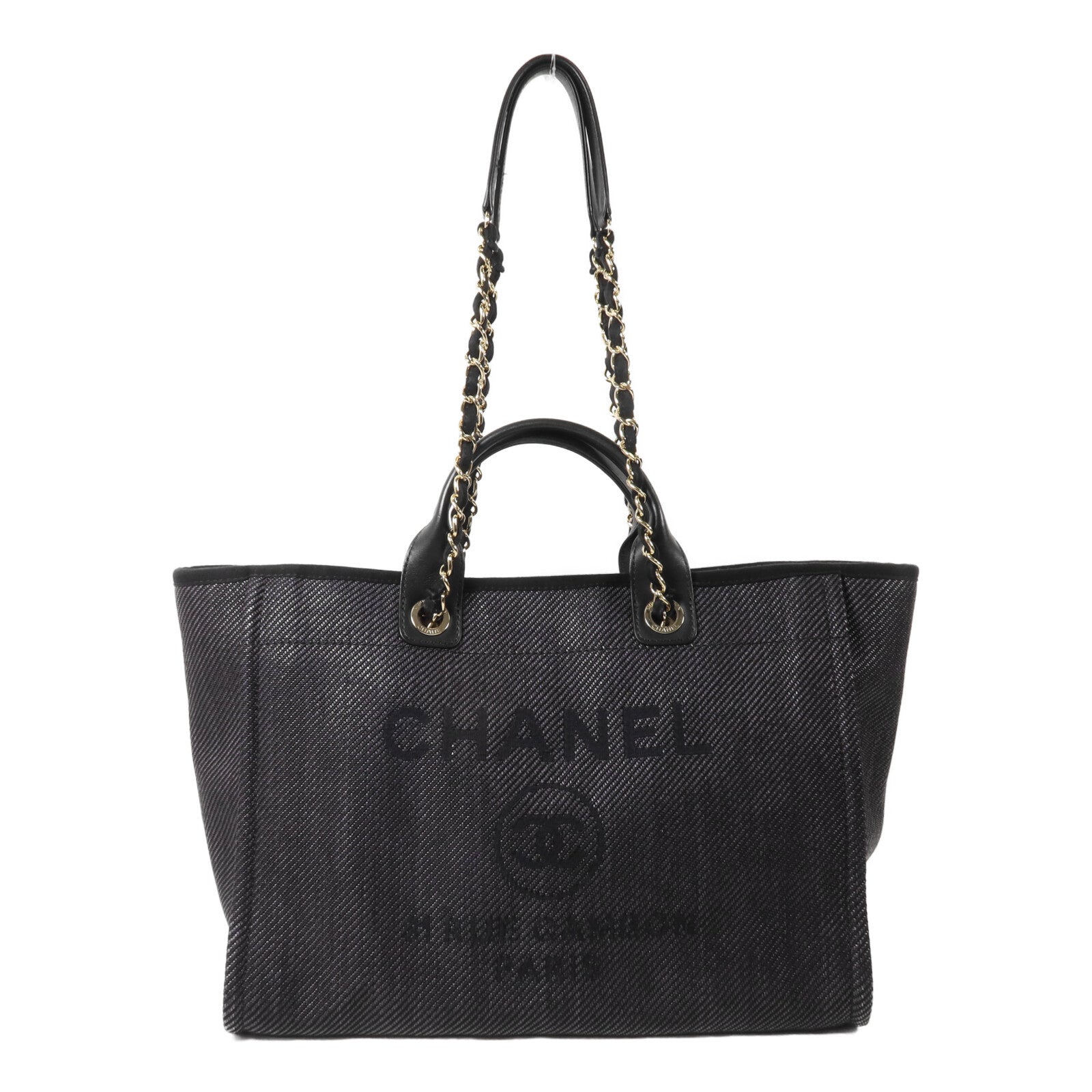 CHANEL 帆布Deauville Tote鏈帶手挽肩背兩用袋