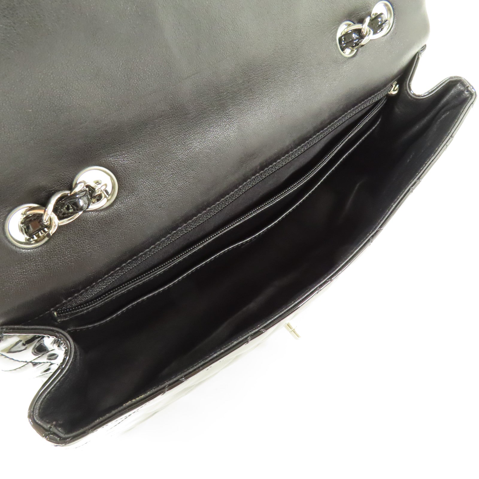 CHANEL 漆皮皮革Large Classic銀扣鏈帶肩背袋