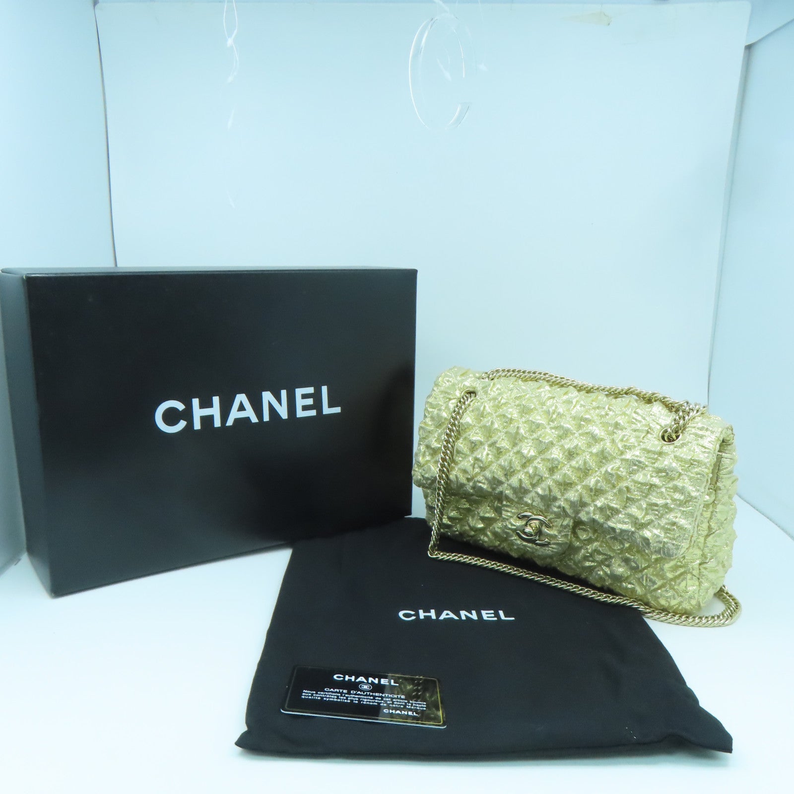 CHANEL 【清倉大減價】菱格帆布Classic 23cm金扣鏈帶肩背袋金色
