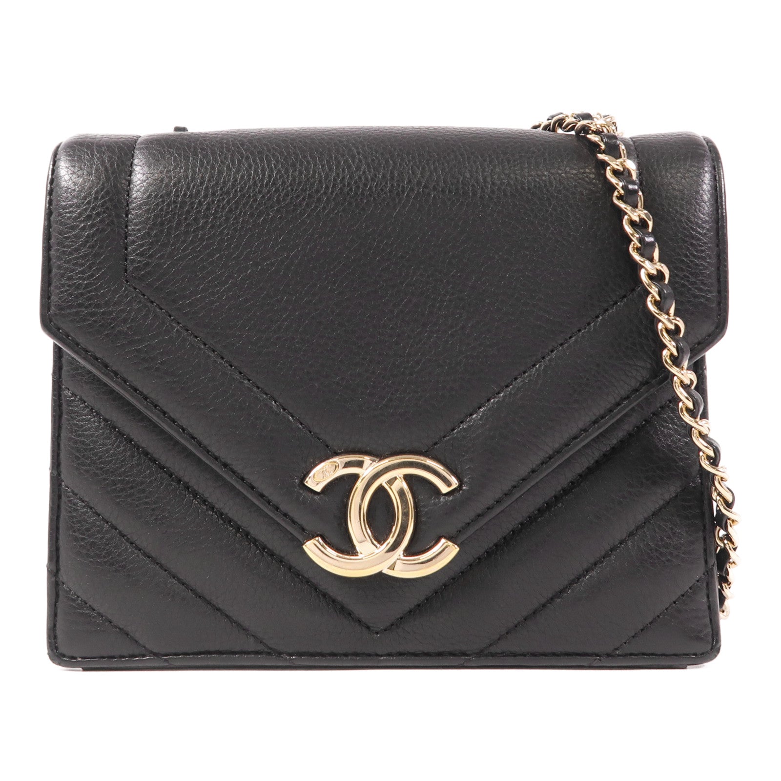 CHANEL 牛皮皮革Chain Shoulder金扣鏈帶肩背袋