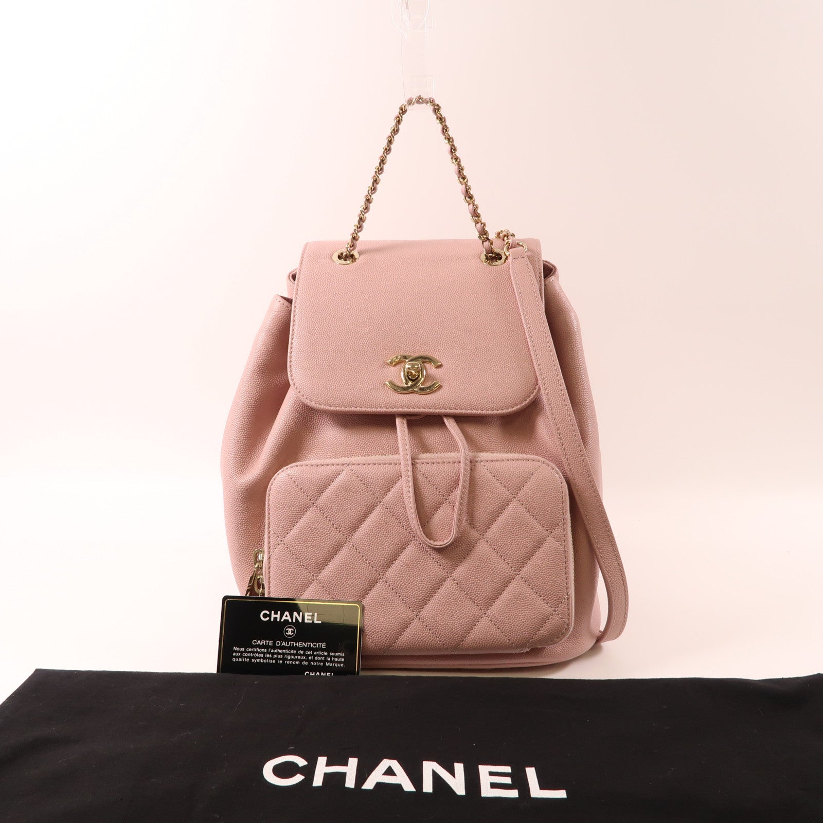 CHANEL 牛皮皮革Rucksack金扣背包粉紅色