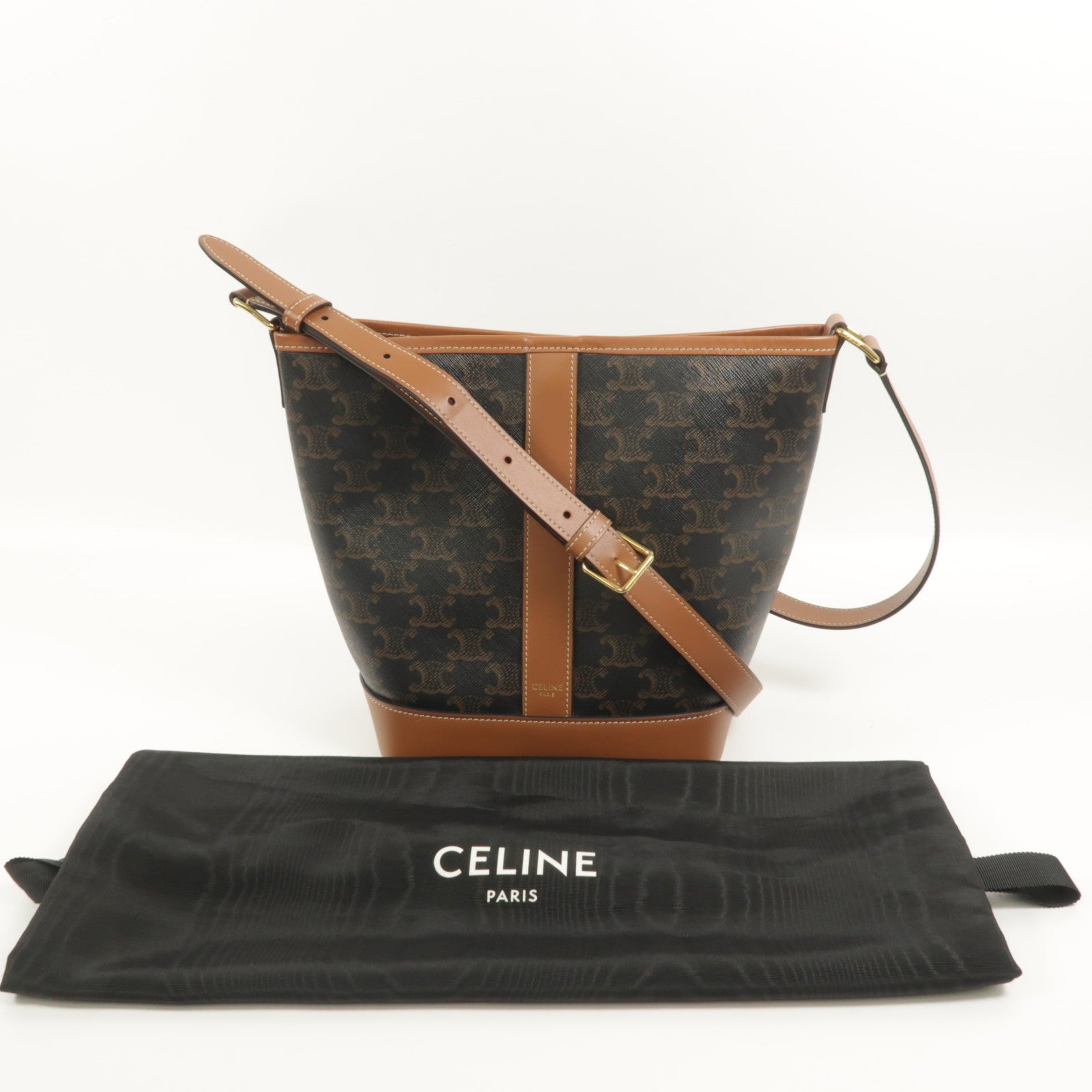 CELINE 塗層帆布/牛皮皮革Triomphe Small Bucket肩背袋