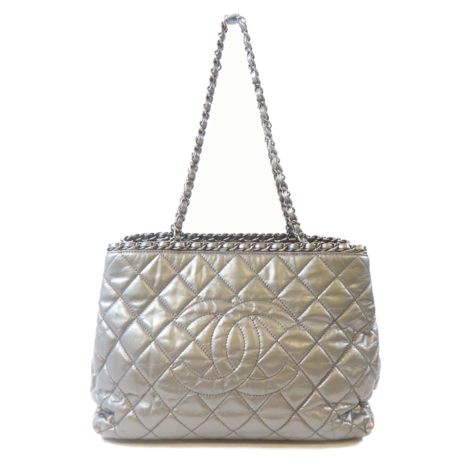 CHANEL 【激減優惠】菱格牛皮皮革Chain Shoulder Bag黑扣鏈帶肩背袋銀色