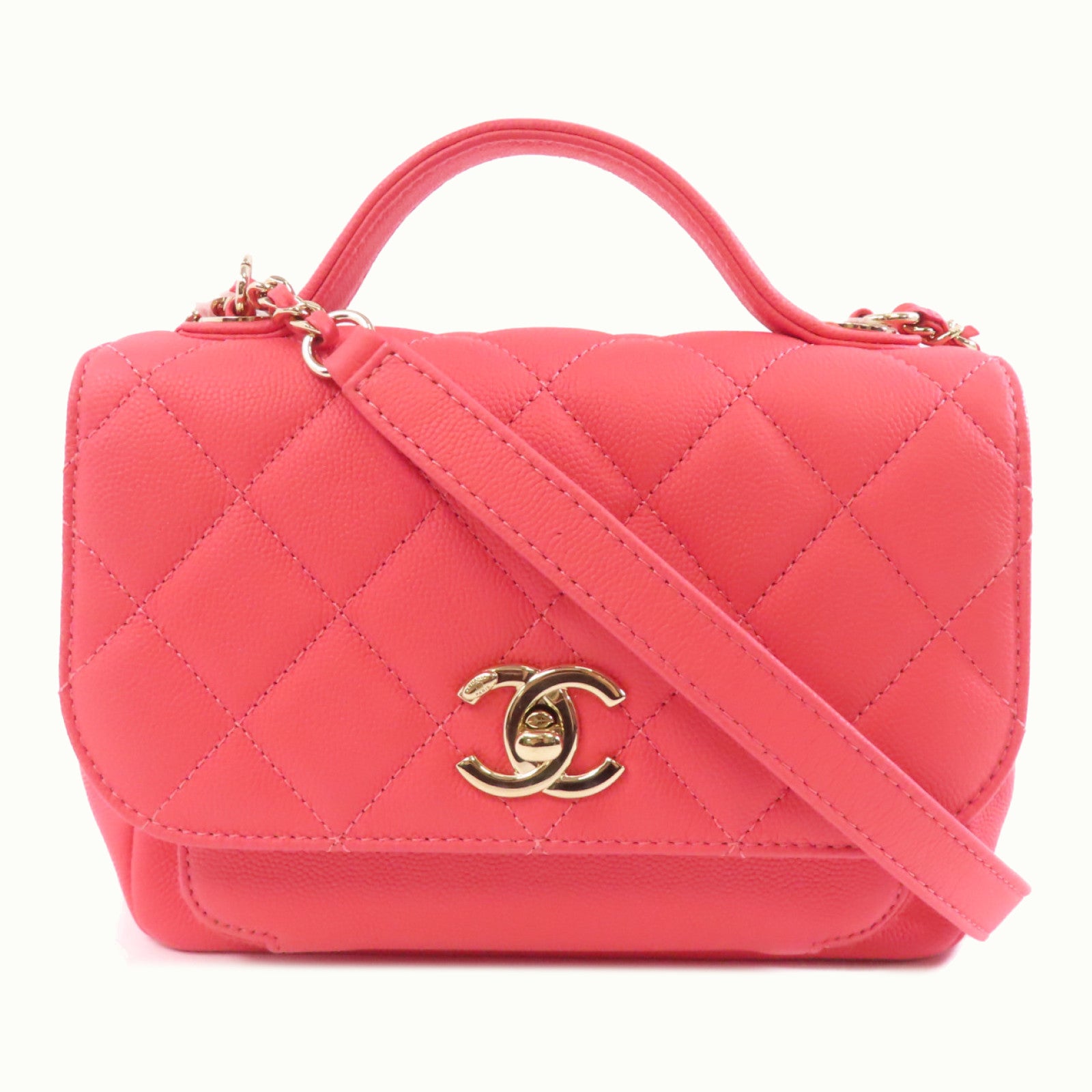 CHANEL 菱格Caviar皮革2 Way Chain Shoulder金扣手挽鏈帶肩背兩用袋粉紅色
