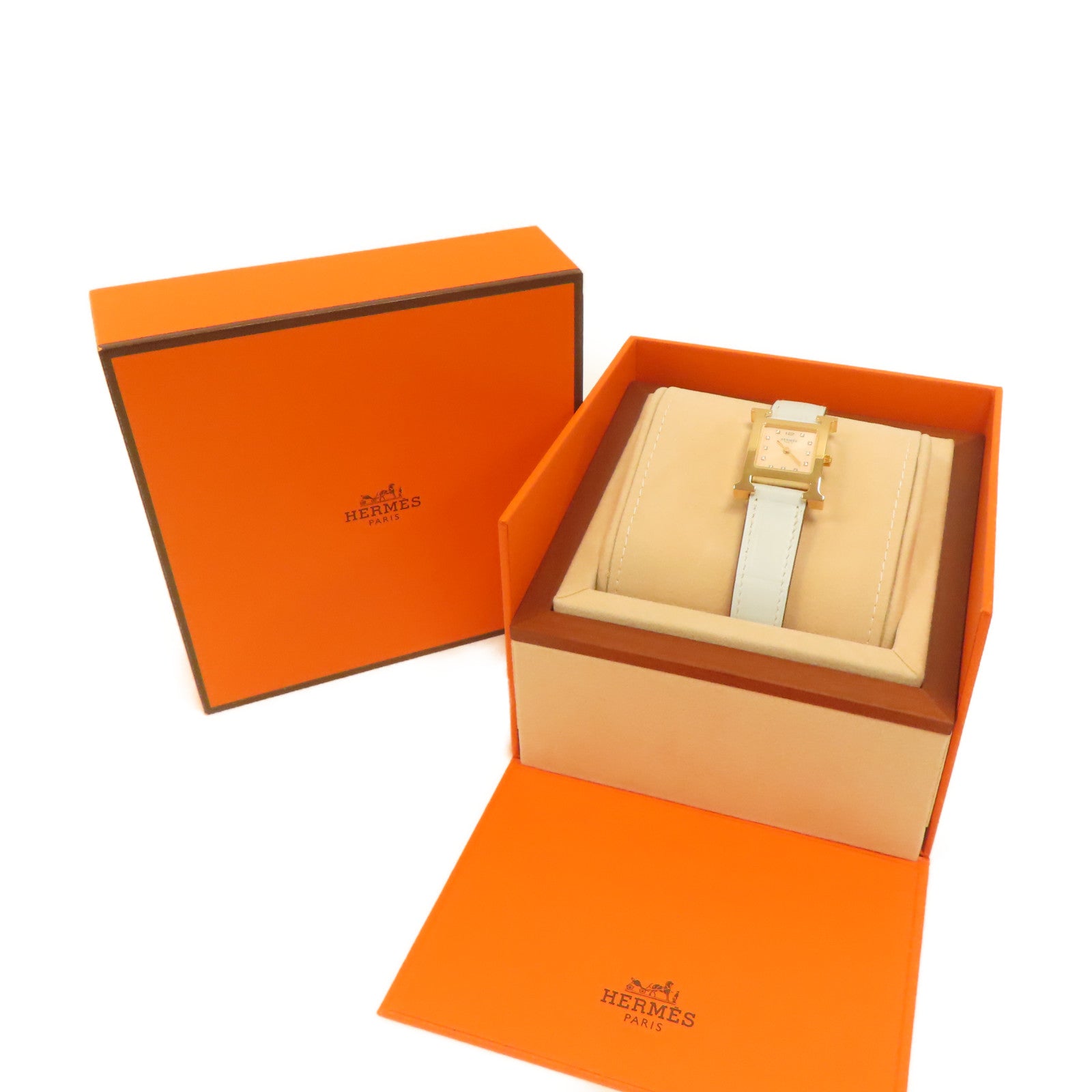 HERMES 不鏽鋼/皮革H Watch皮帶手錶霧藍色/米色#16cm
