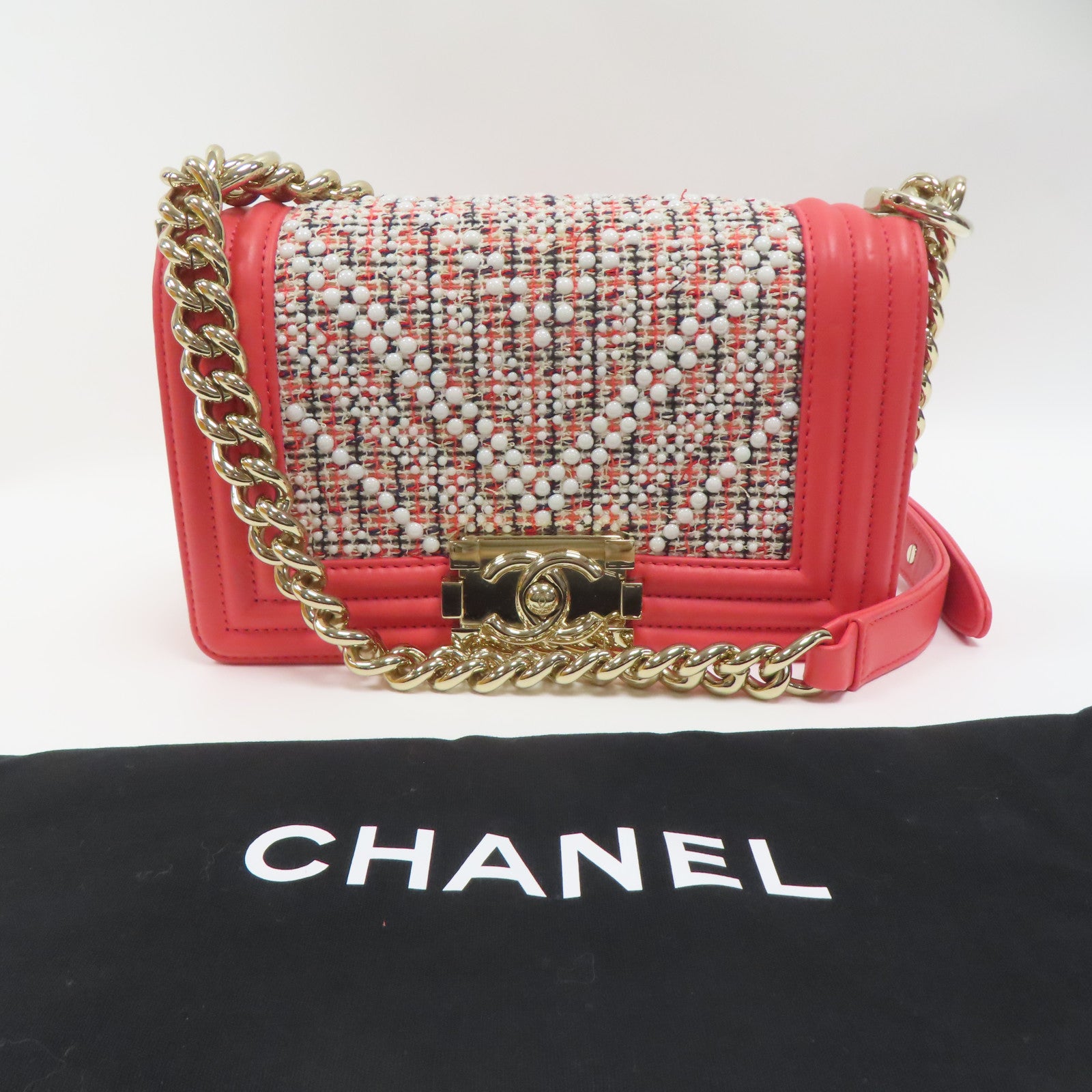 CHANEL **【激減優惠】斜紋軟呢/牛皮皮革金扣Boy 20鏈帶肩背袋紅色