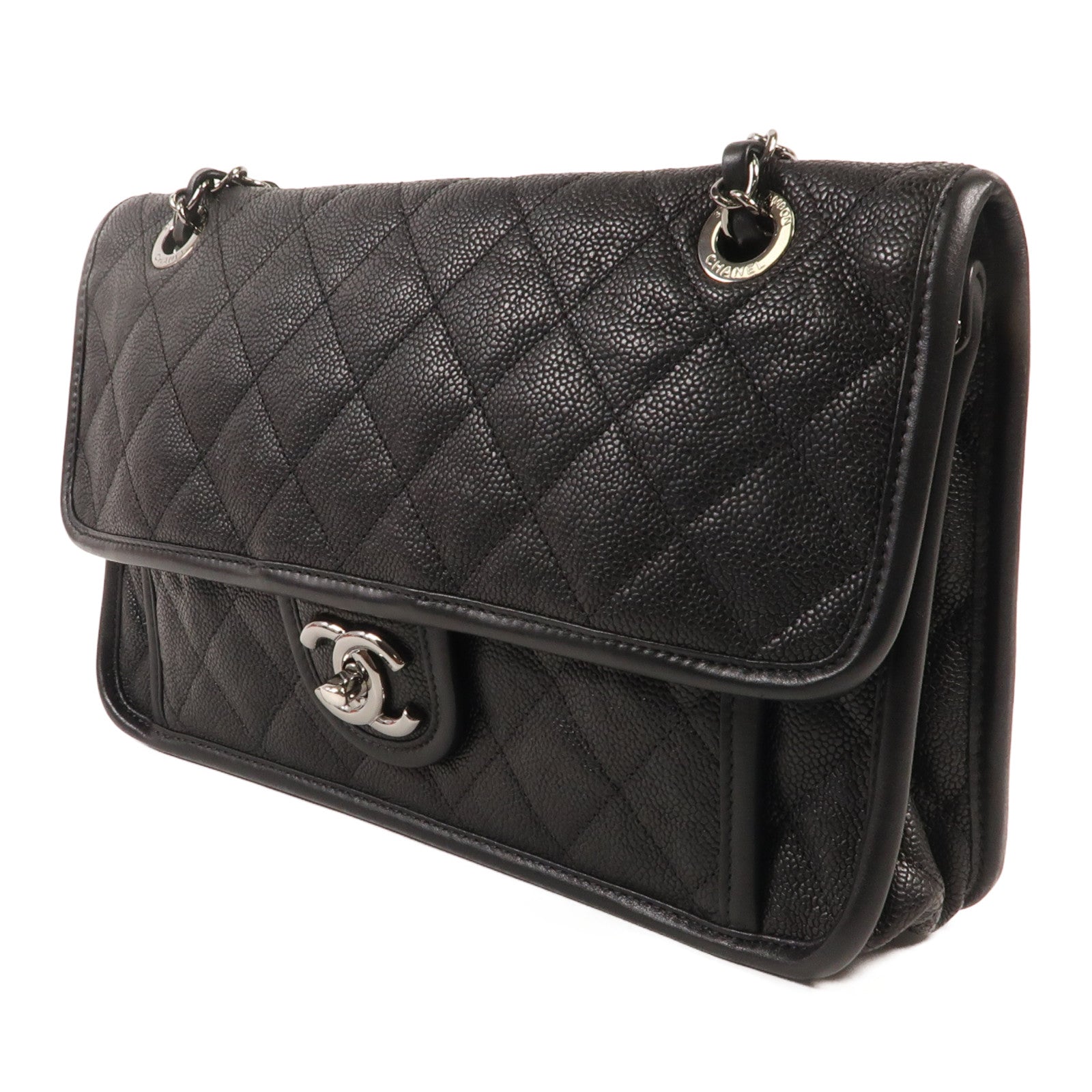 CHANEL 牛皮皮革Chain Shoulder銀扣鏈帶肩背袋