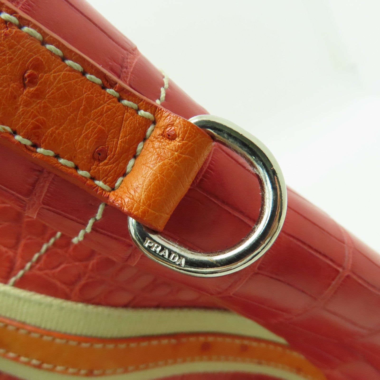 PRADA 鱷魚/鴕鳥皮革Shoulder Bag銀扣肩背袋紅色