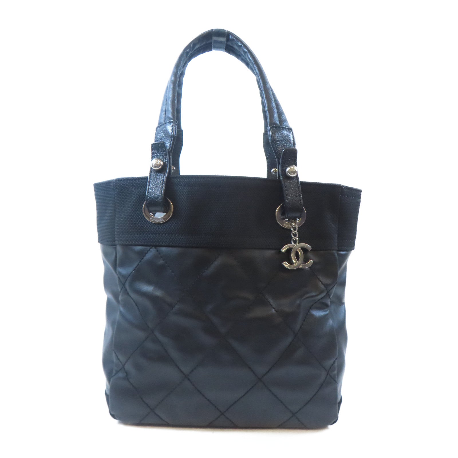 CHANEL 塗層帆布Tote Bag銀扣手挽袋黑色