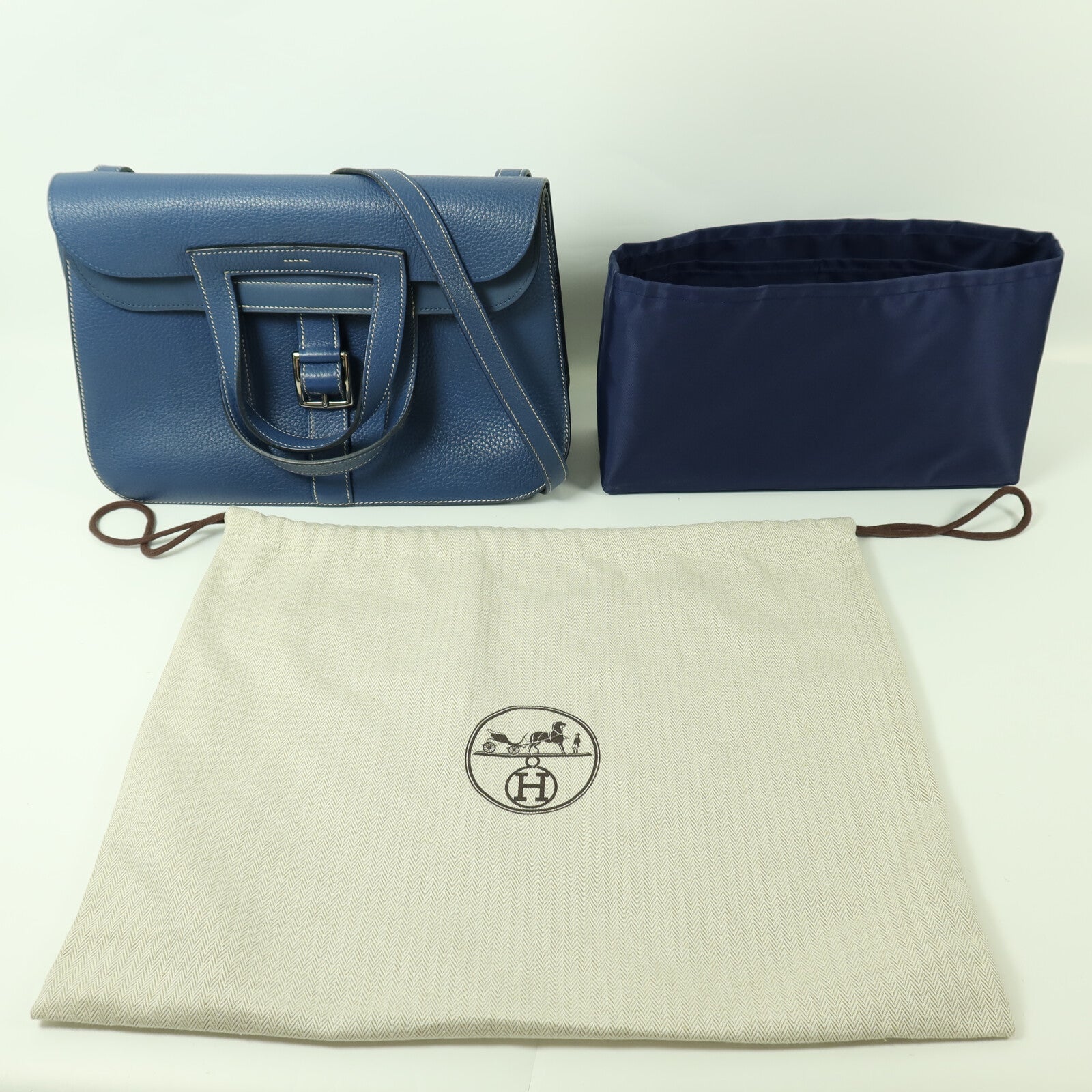 HERMES 【激減優惠】Clemence皮革Halzan 31銀扣手挽肩背兩用袋Bleu Agate