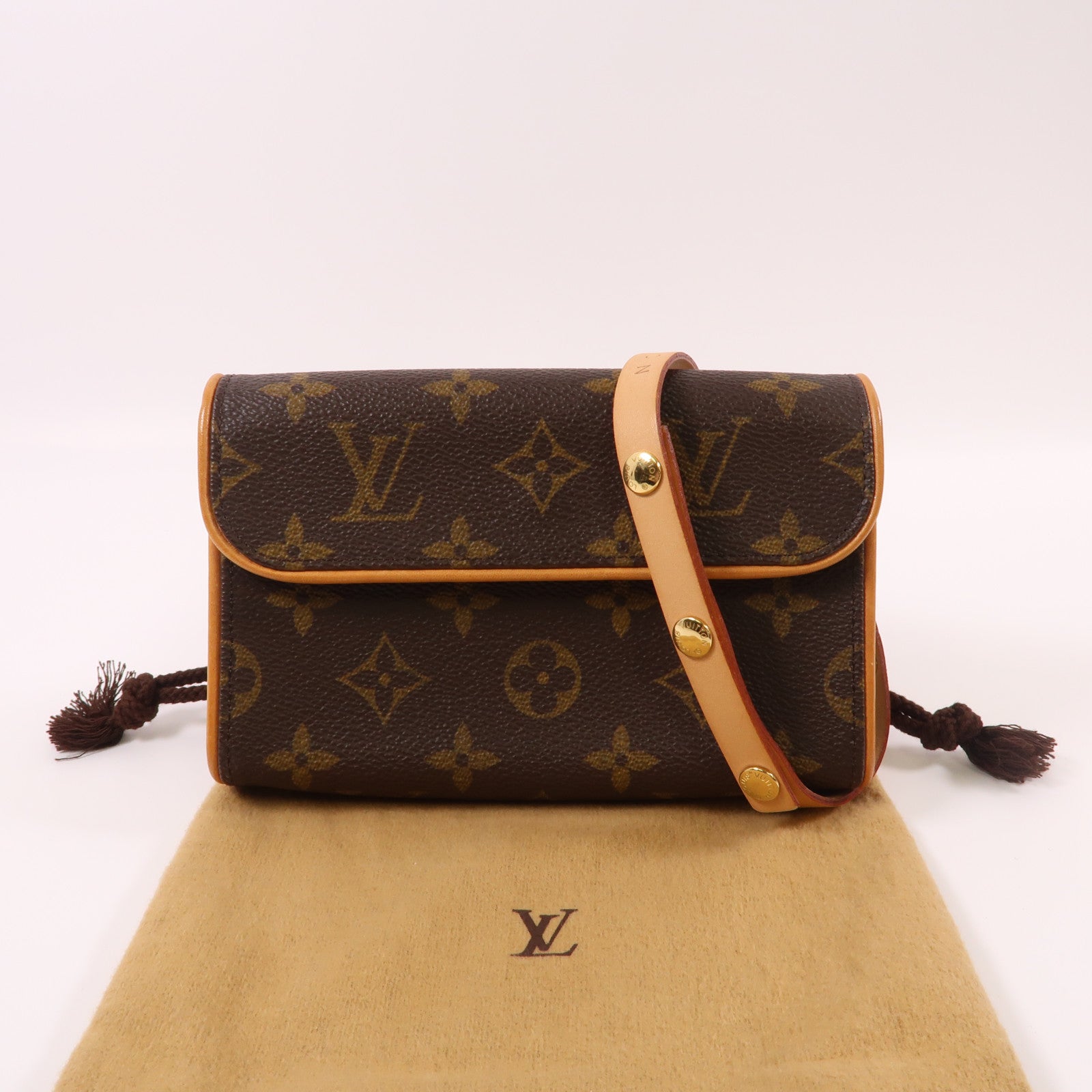 LOUIS VUITTON Monogram Pochette Florentine XS金扣腰包棕色