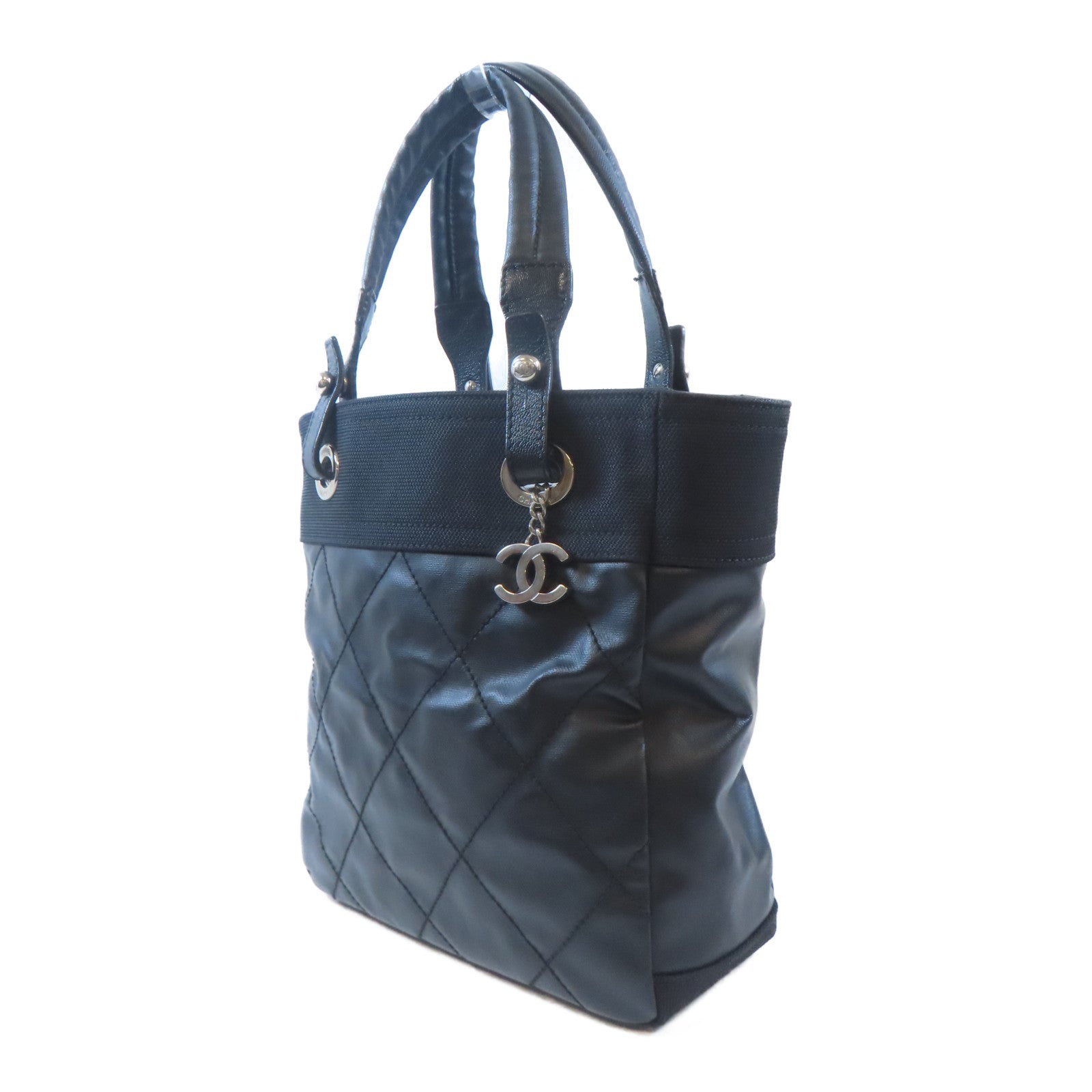 CHANEL 塗層帆布Tote Bag銀扣手挽袋黑色