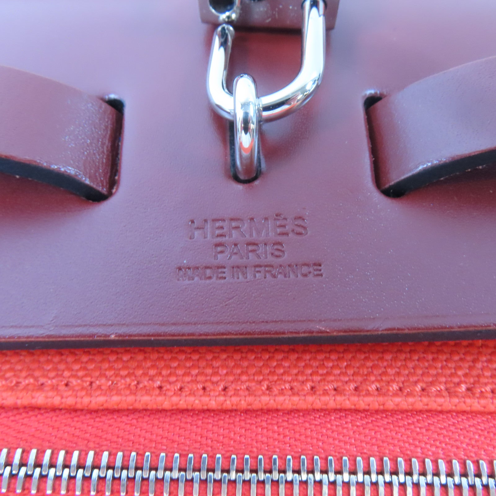HERMES Toile H/皮革Herbag PM銀扣手挽肩背兩用袋橙色/酒紅色