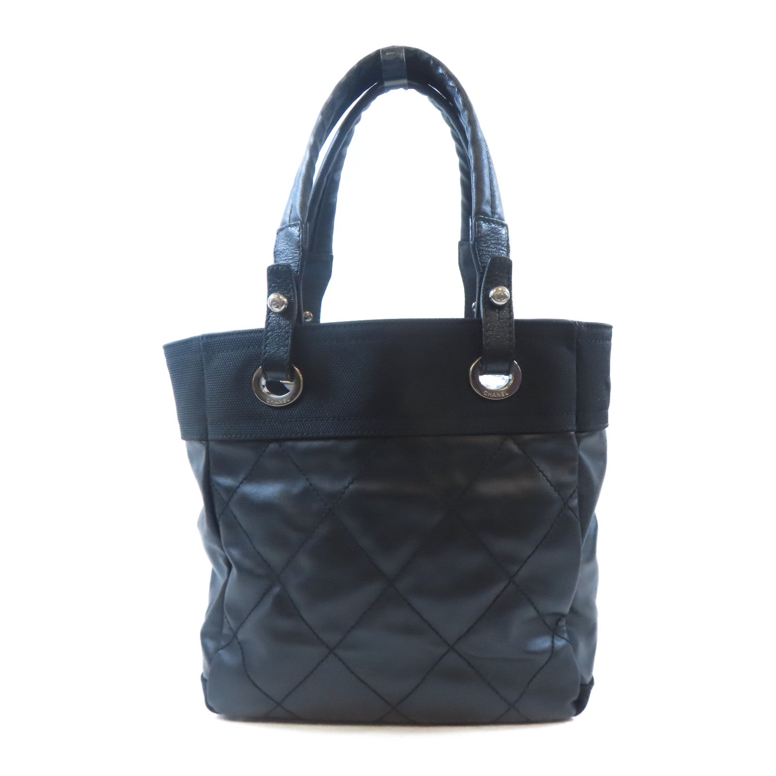 CHANEL 塗層帆布Tote Bag銀扣手挽袋黑色
