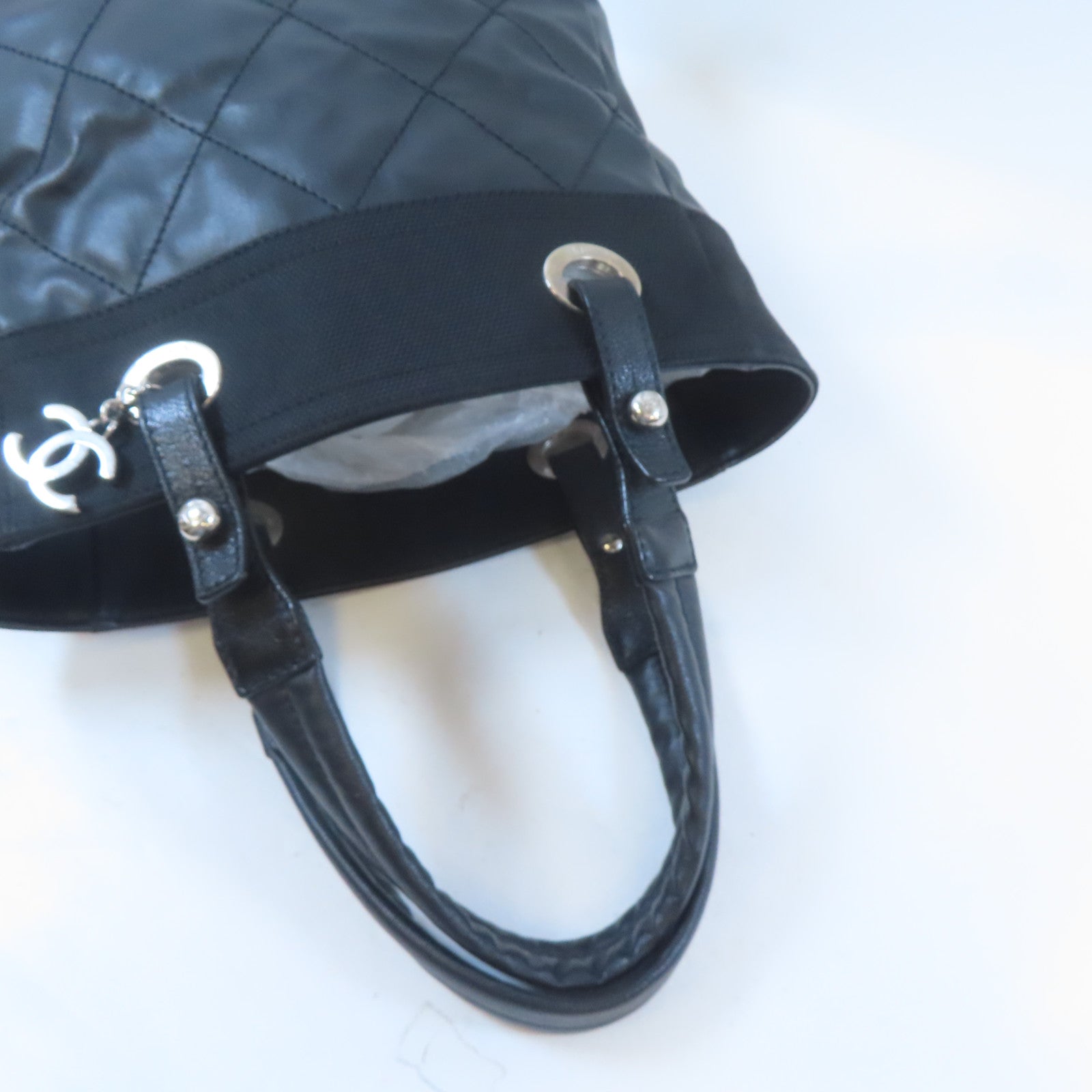 CHANEL 塗層帆布Tote Bag銀扣手挽袋黑色