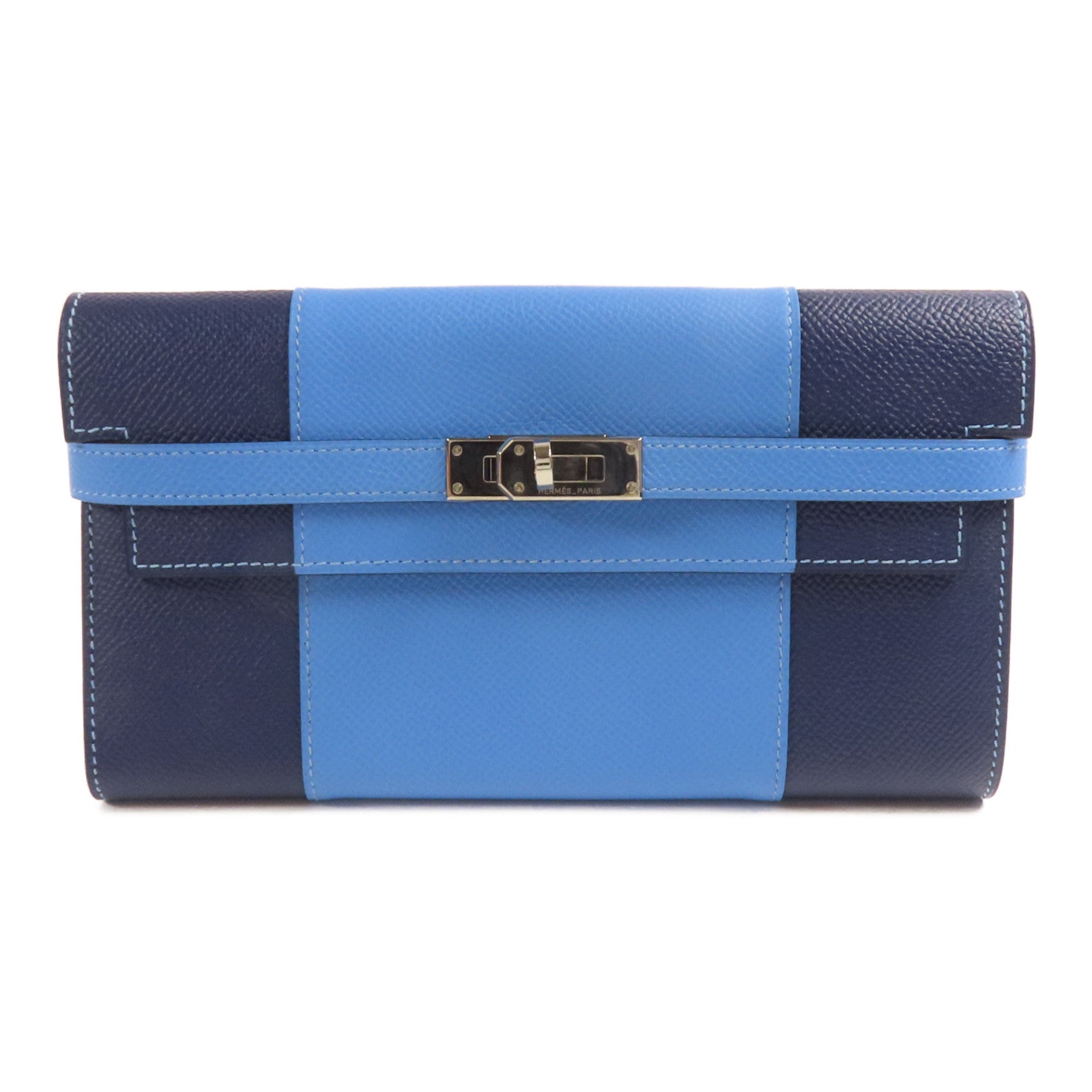 HERMES Epsom皮革Kelly Wallet銀扣長錢包Colvert Blue/Blue Nuit