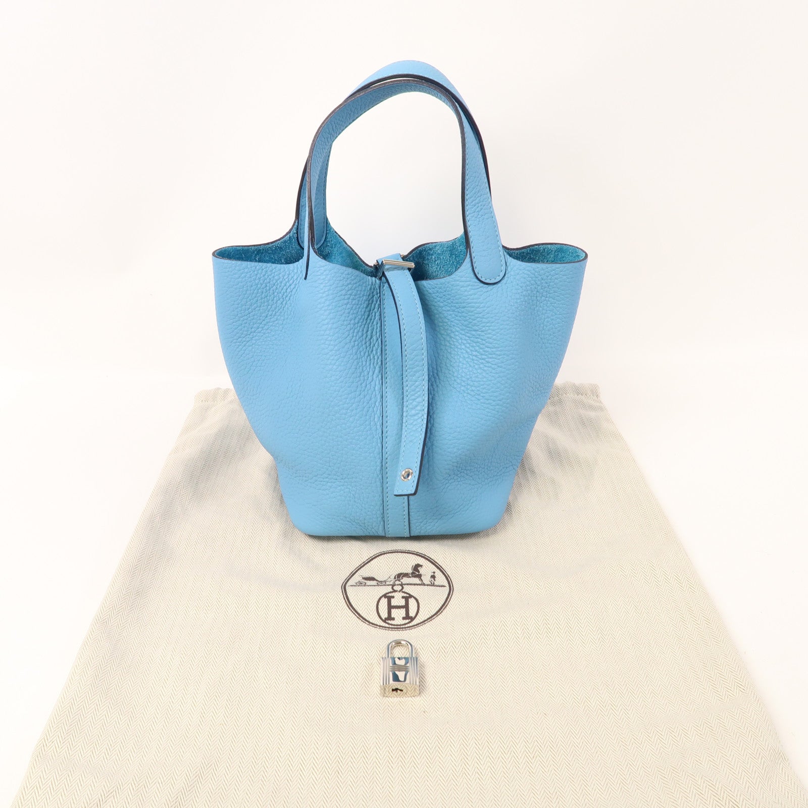 HERMES Clemence皮革Picotin PM銀扣手挽袋Bleu Atoll環礁藍色