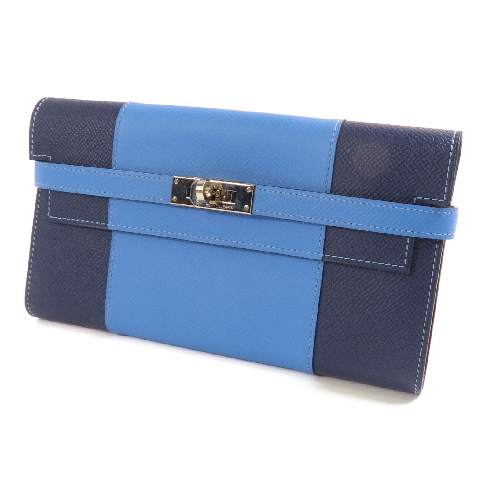 HERMES Epsom皮革Kelly Wallet銀扣長錢包Colvert Blue/Blue Nuit