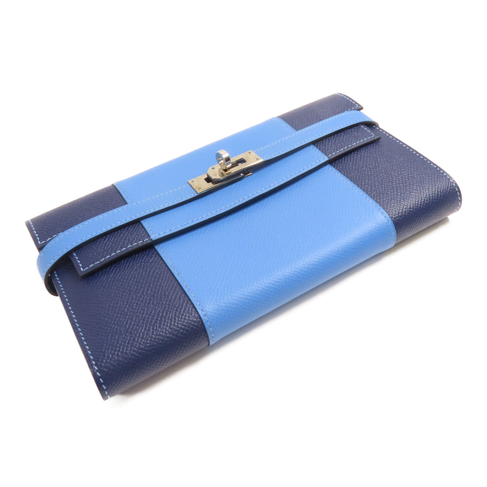 HERMES Epsom皮革Kelly Wallet銀扣長錢包Colvert Blue/Blue Nuit
