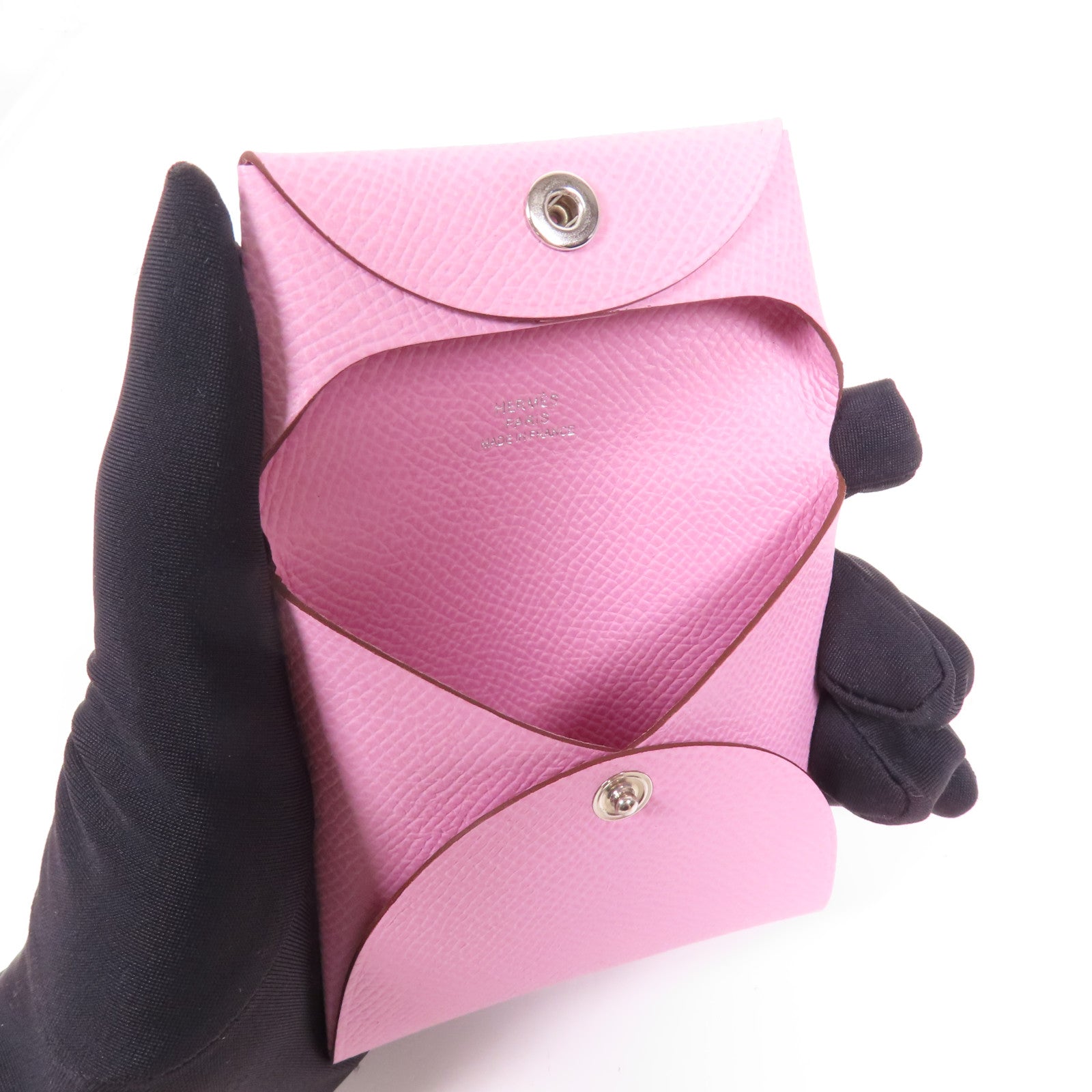 HERMES Epsom皮革Bastia銀扣零錢包Mauve Sylvestre
