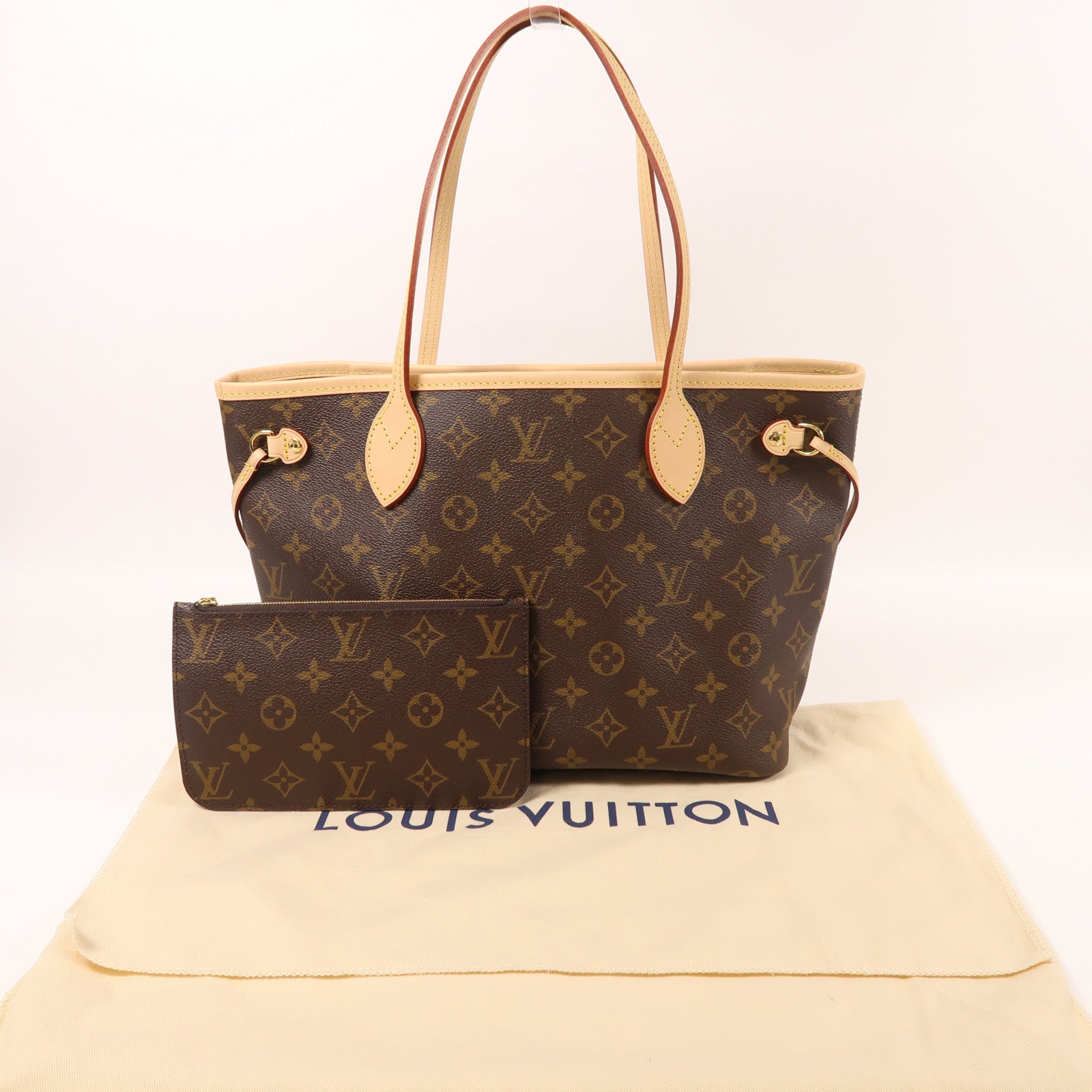 LOUIS VUITTON Monogram Neverfull PM金扣手挽袋棕色