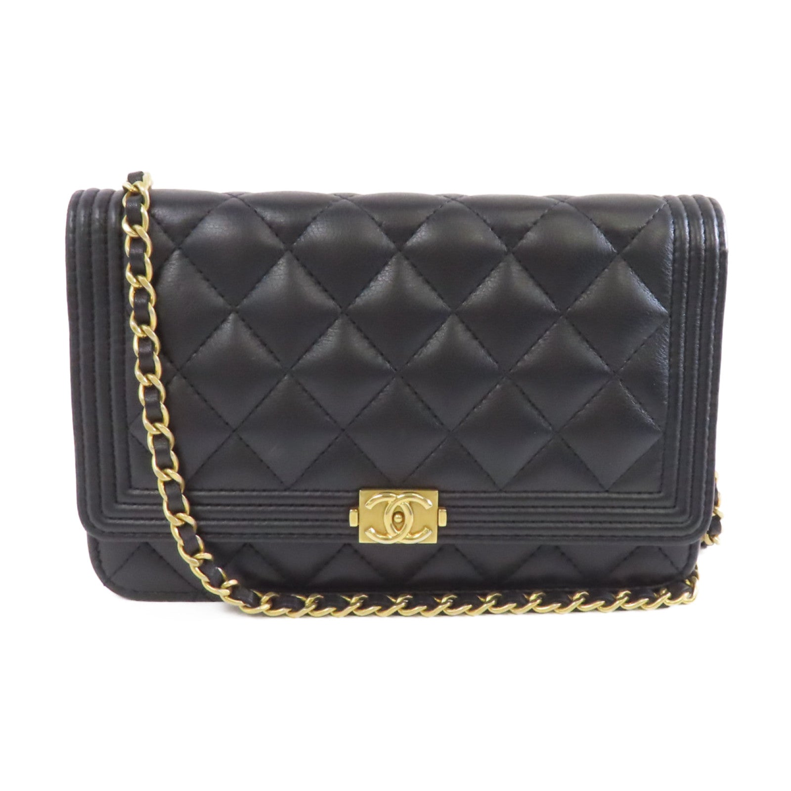 CHANEL 菱格羊皮皮革Boy Wallet On Chain金扣鏈帶肩背袋黑色