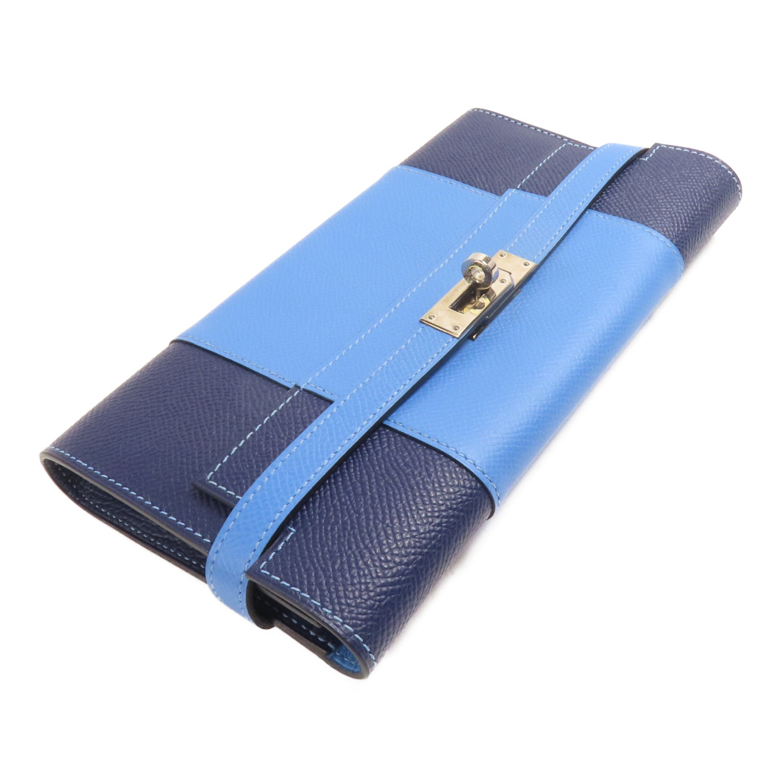 HERMES Epsom皮革Kelly Wallet銀扣長錢包Colvert Blue/Blue Nuit