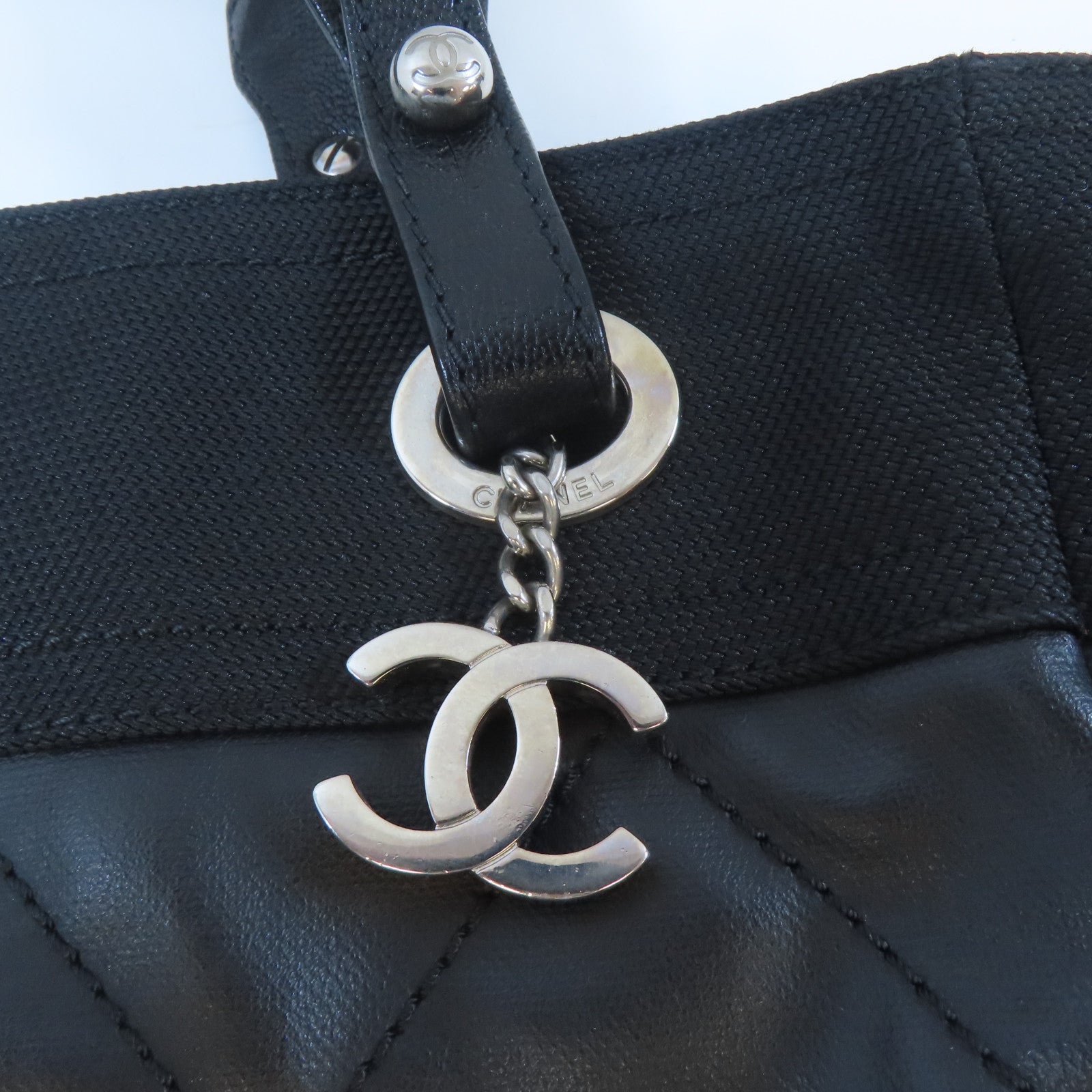 CHANEL 塗層帆布Tote Bag銀扣手挽袋黑色
