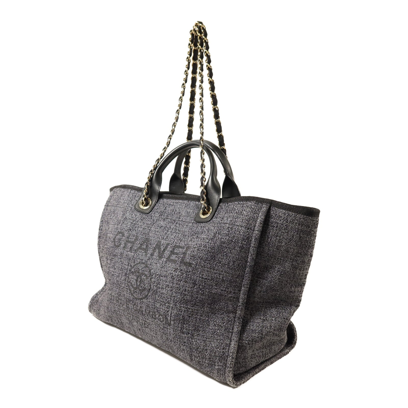 CHANEL 帆布Large Shopping Bag金扣鏈帶手挽肩背兩用袋