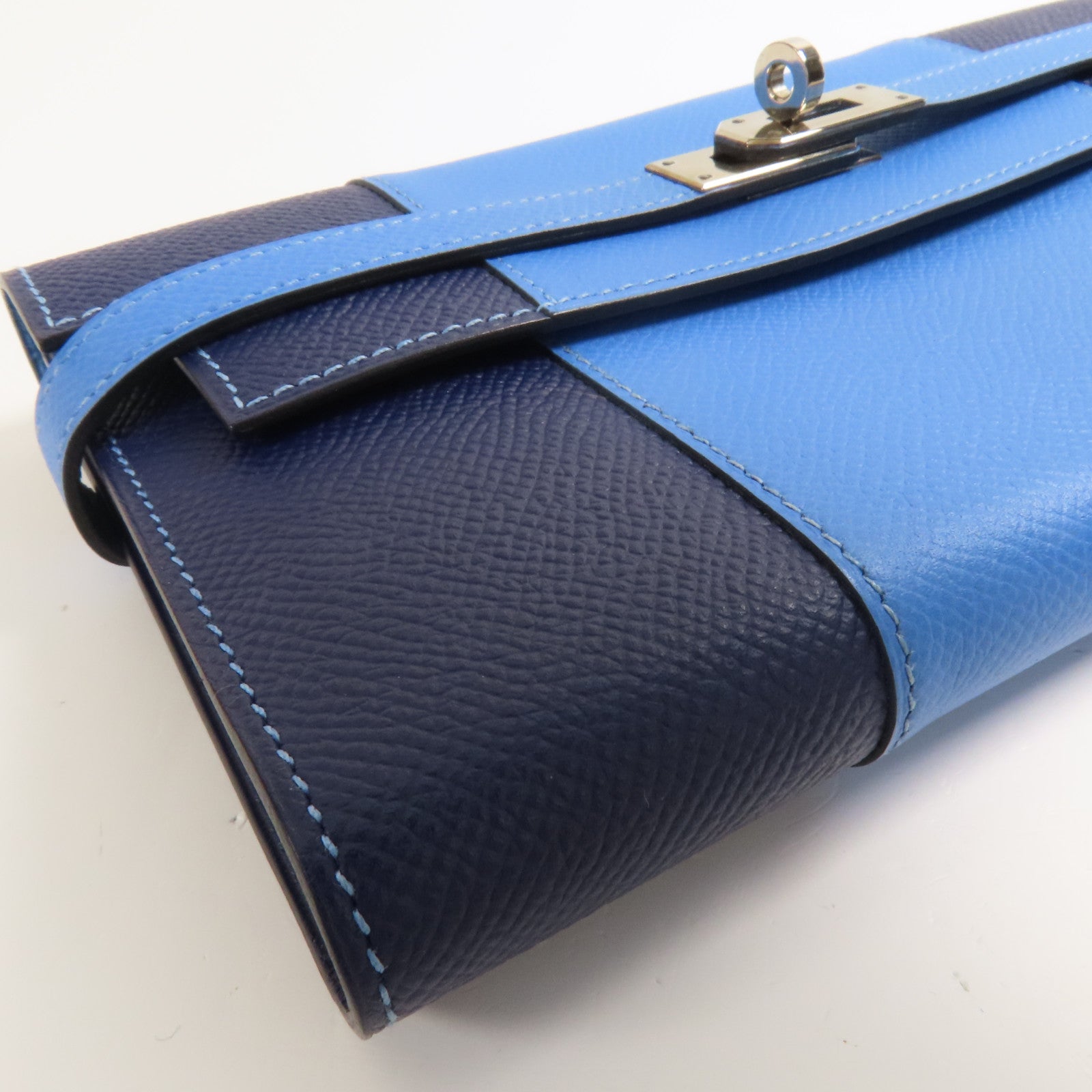 HERMES Epsom皮革Kelly Wallet銀扣長錢包Colvert Blue/Blue Nuit