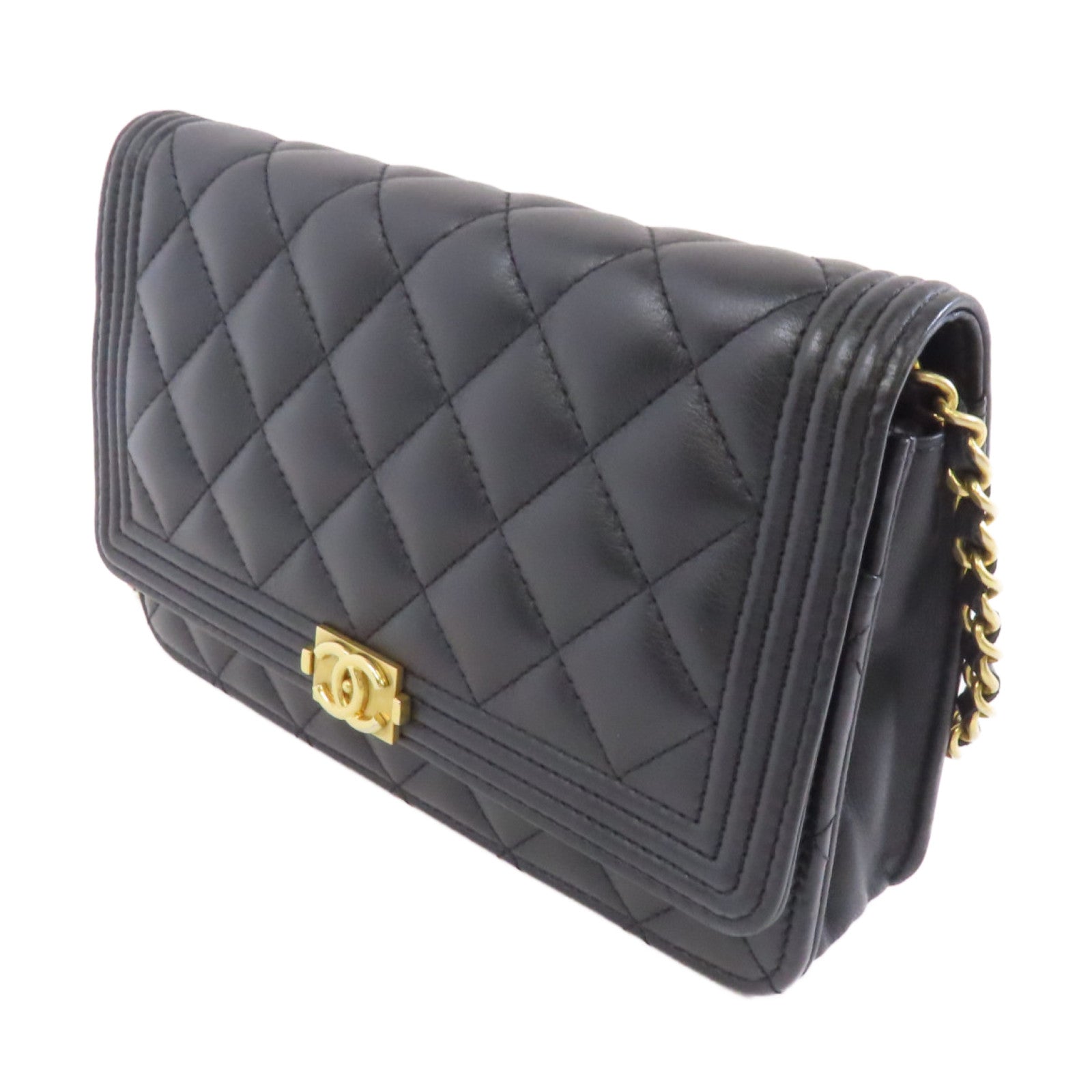 CHANEL 菱格羊皮皮革Boy Wallet On Chain金扣鏈帶肩背袋黑色