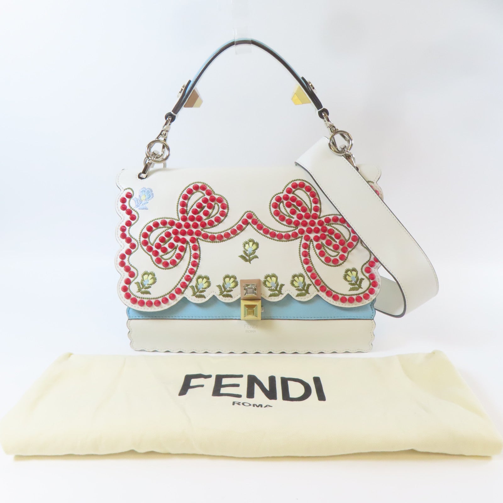 FENDI 牛皮皮革Shoulder Bag金扣/銀扣手挽肩背兩用袋白色/淺藍色