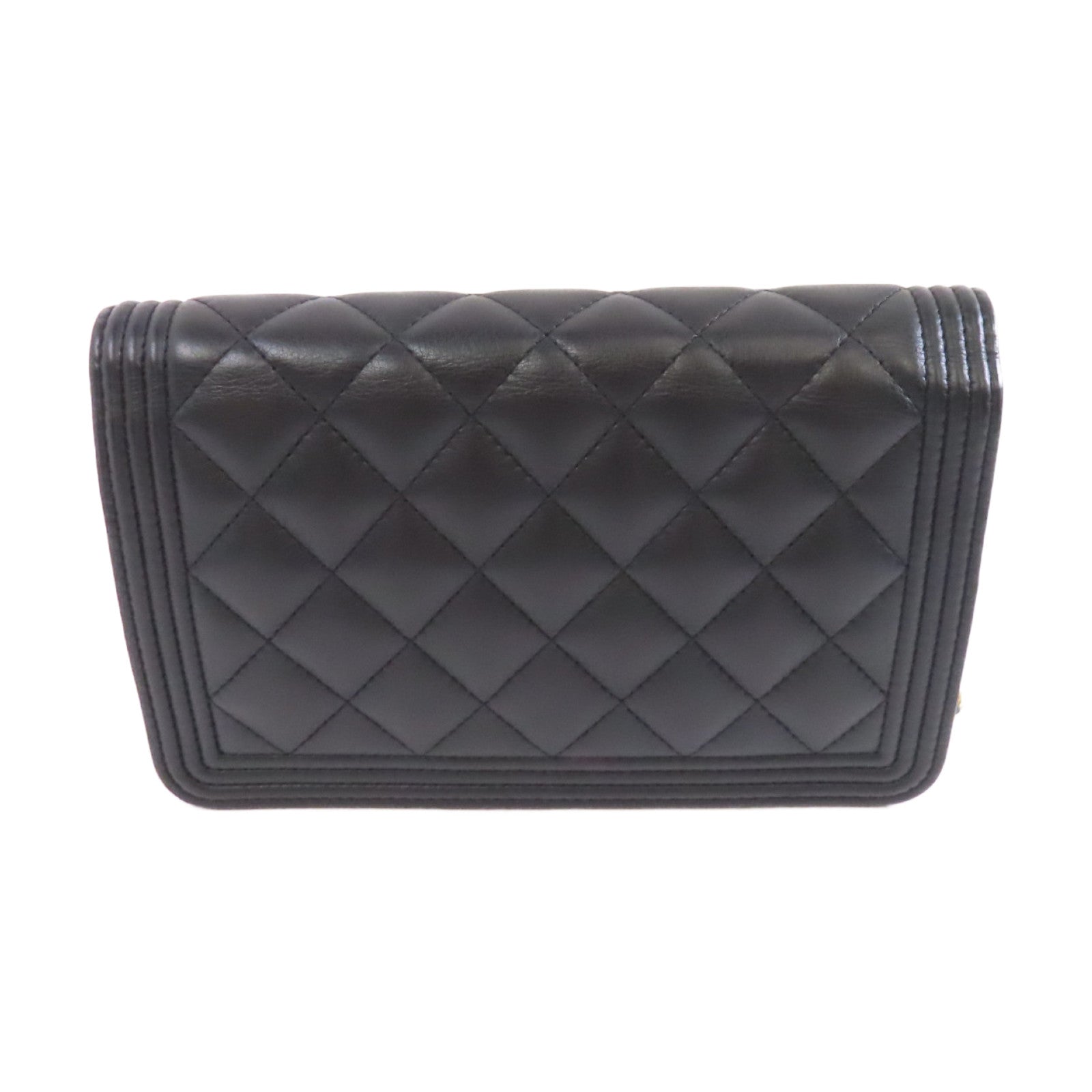 CHANEL 菱格羊皮皮革Boy Wallet On Chain金扣鏈帶肩背袋黑色