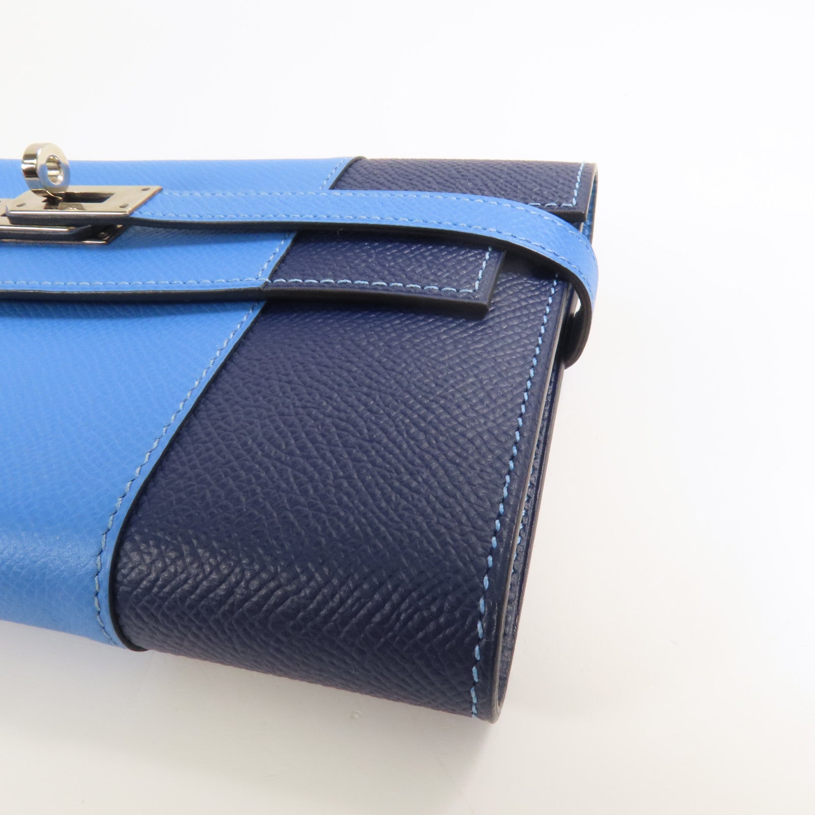 HERMES Epsom皮革Kelly Wallet銀扣長錢包Colvert Blue/Blue Nuit