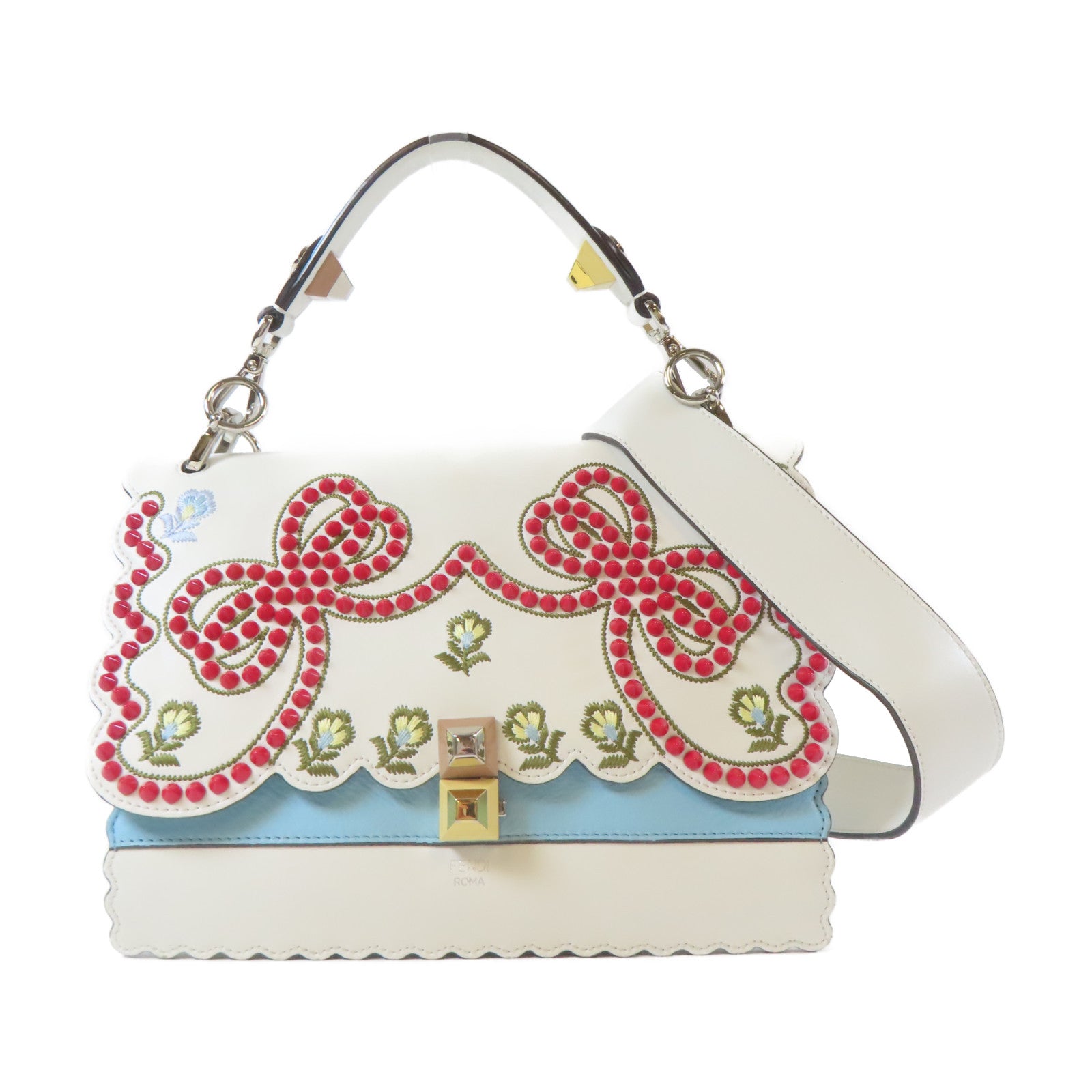 FENDI 牛皮皮革Shoulder Bag金扣/銀扣手挽肩背兩用袋白色/淺藍色