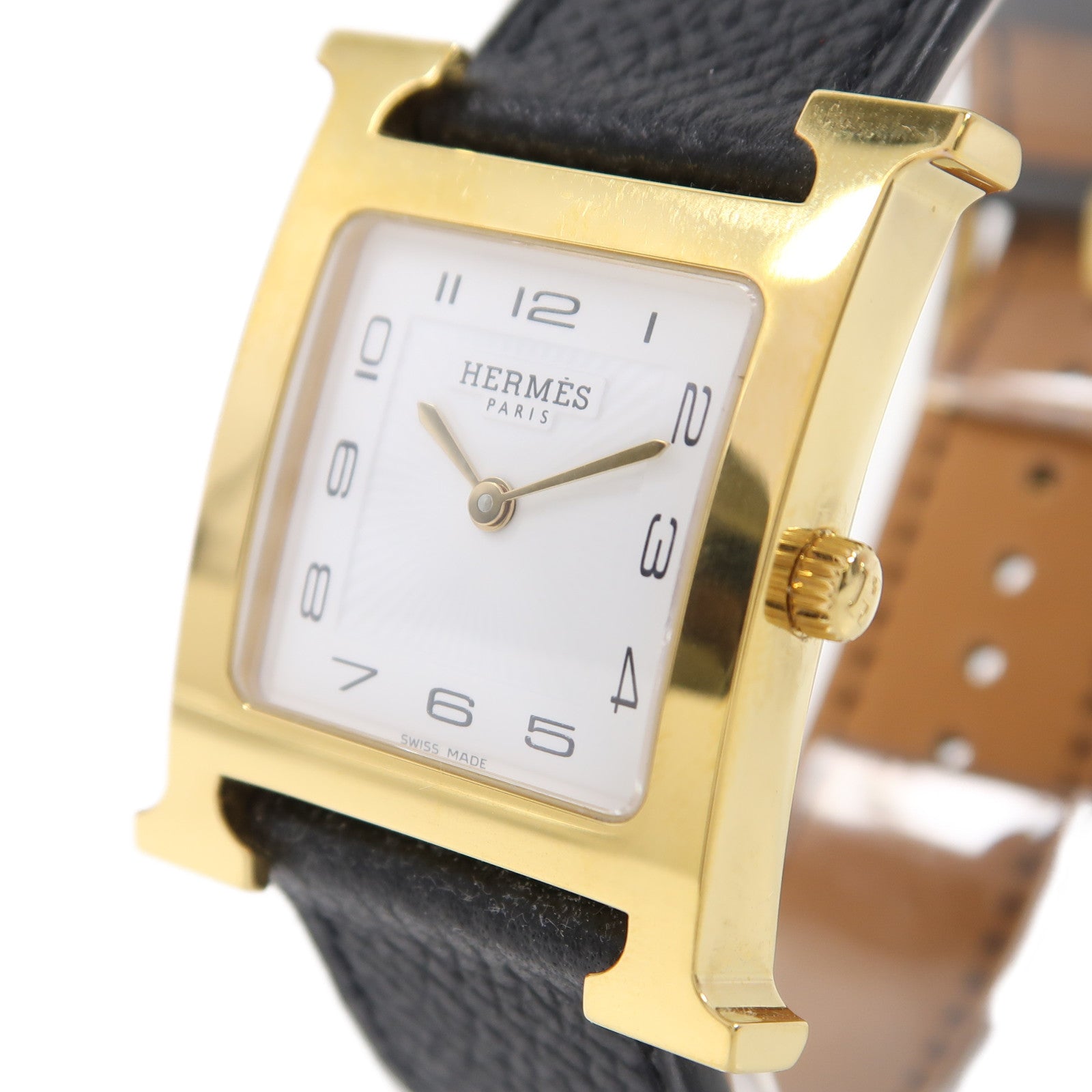 HERMES 皮革Heure H Watch 25mm手錶石英機芯黑色/金色