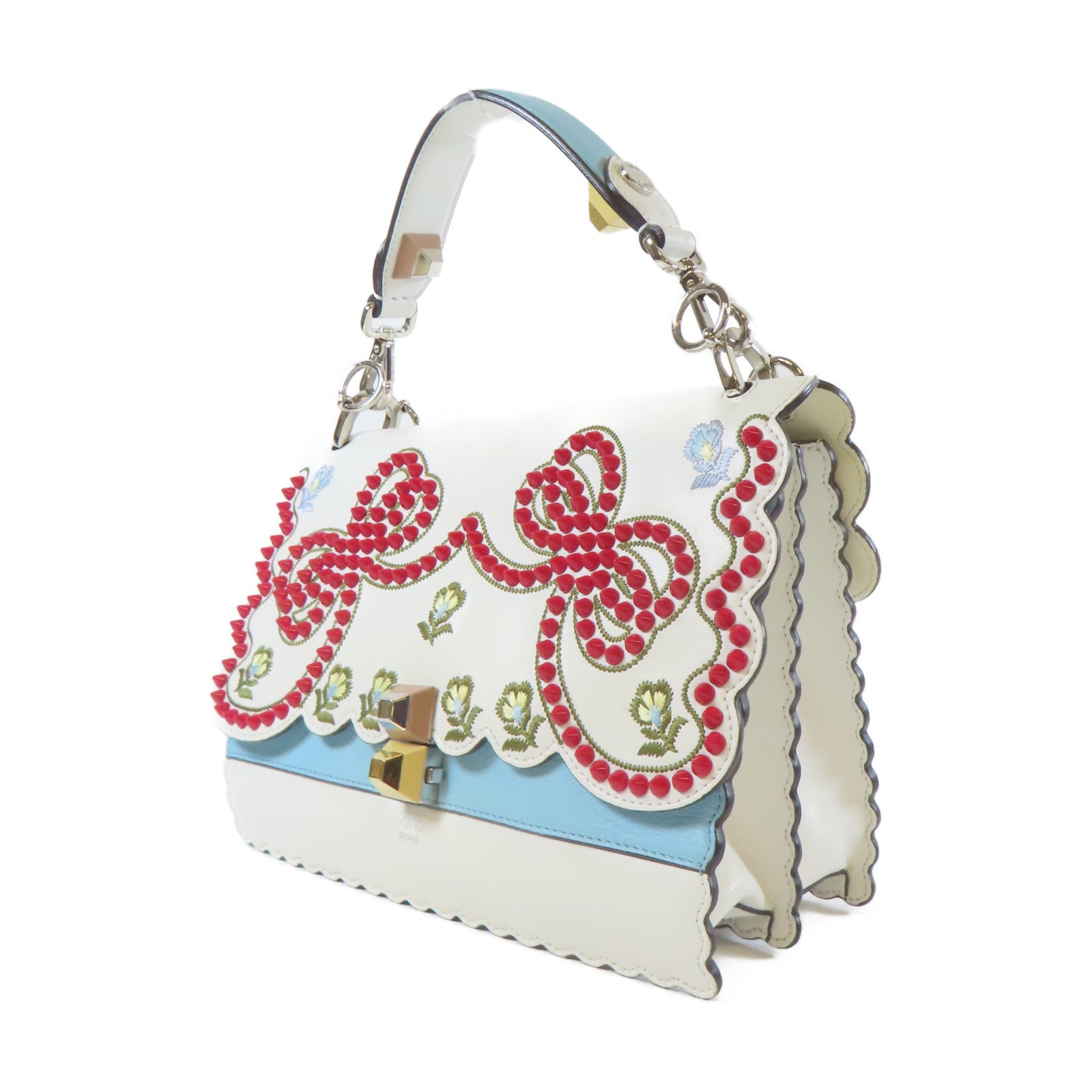 FENDI 牛皮皮革Shoulder Bag金扣/銀扣手挽肩背兩用袋白色/淺藍色
