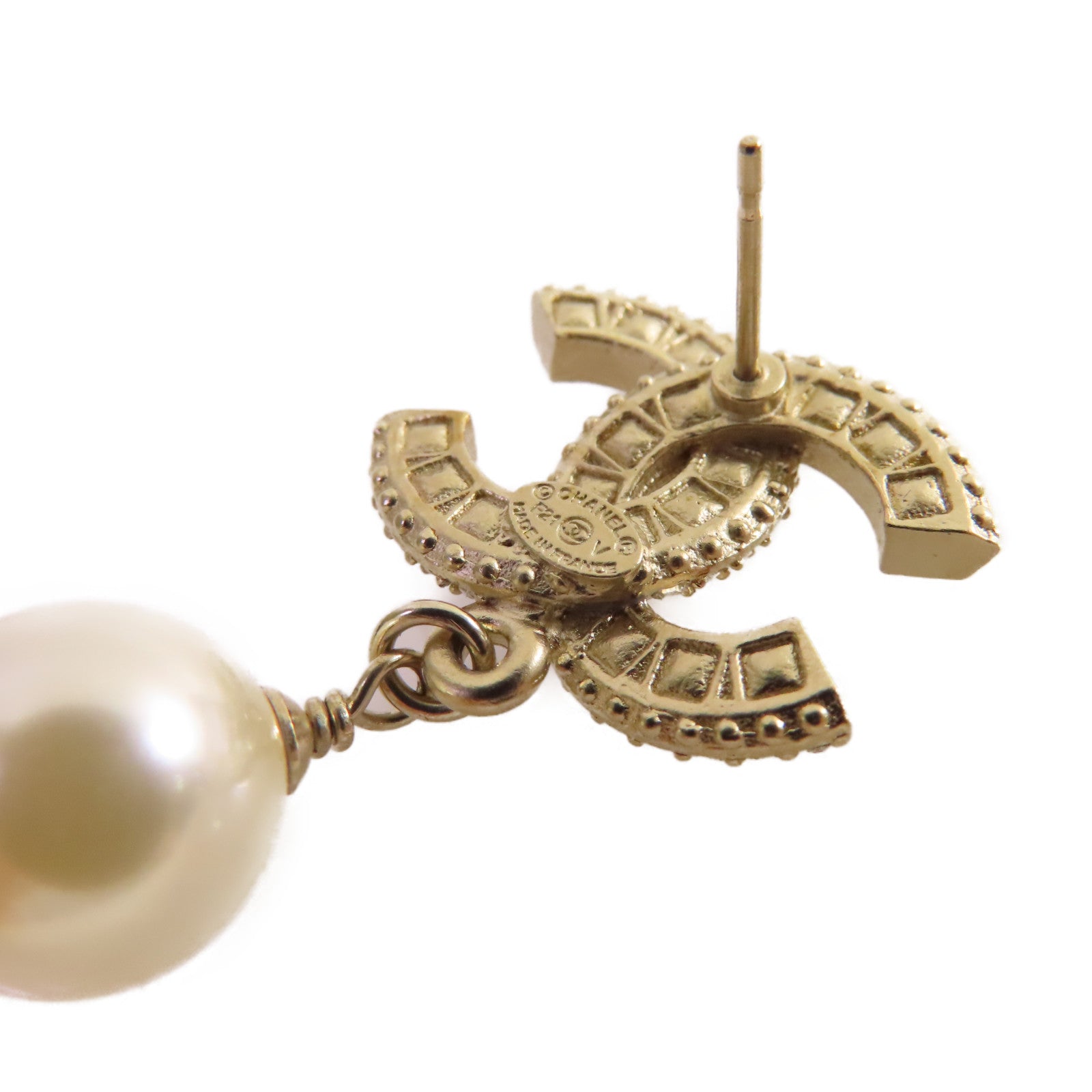 CHANEL 仿珍珠/金屬CC Earrings耳環珍珠色/金色