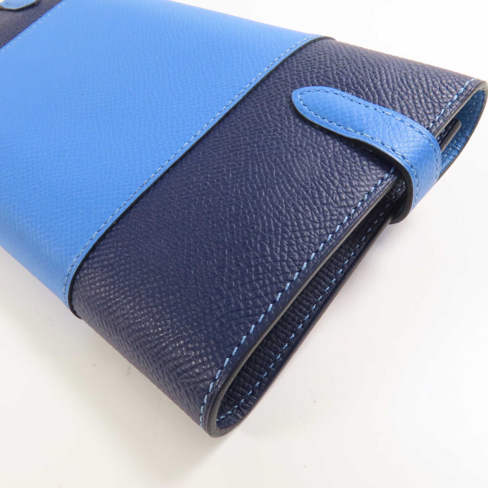 HERMES Epsom皮革Kelly Wallet銀扣長錢包Colvert Blue/Blue Nuit