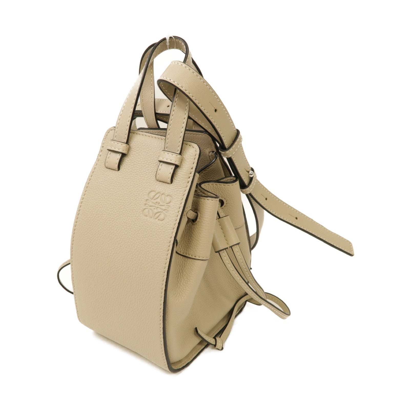 LOEWE 牛皮皮革Mini Hammock Drawstring銀扣手挽肩背兩用袋米色