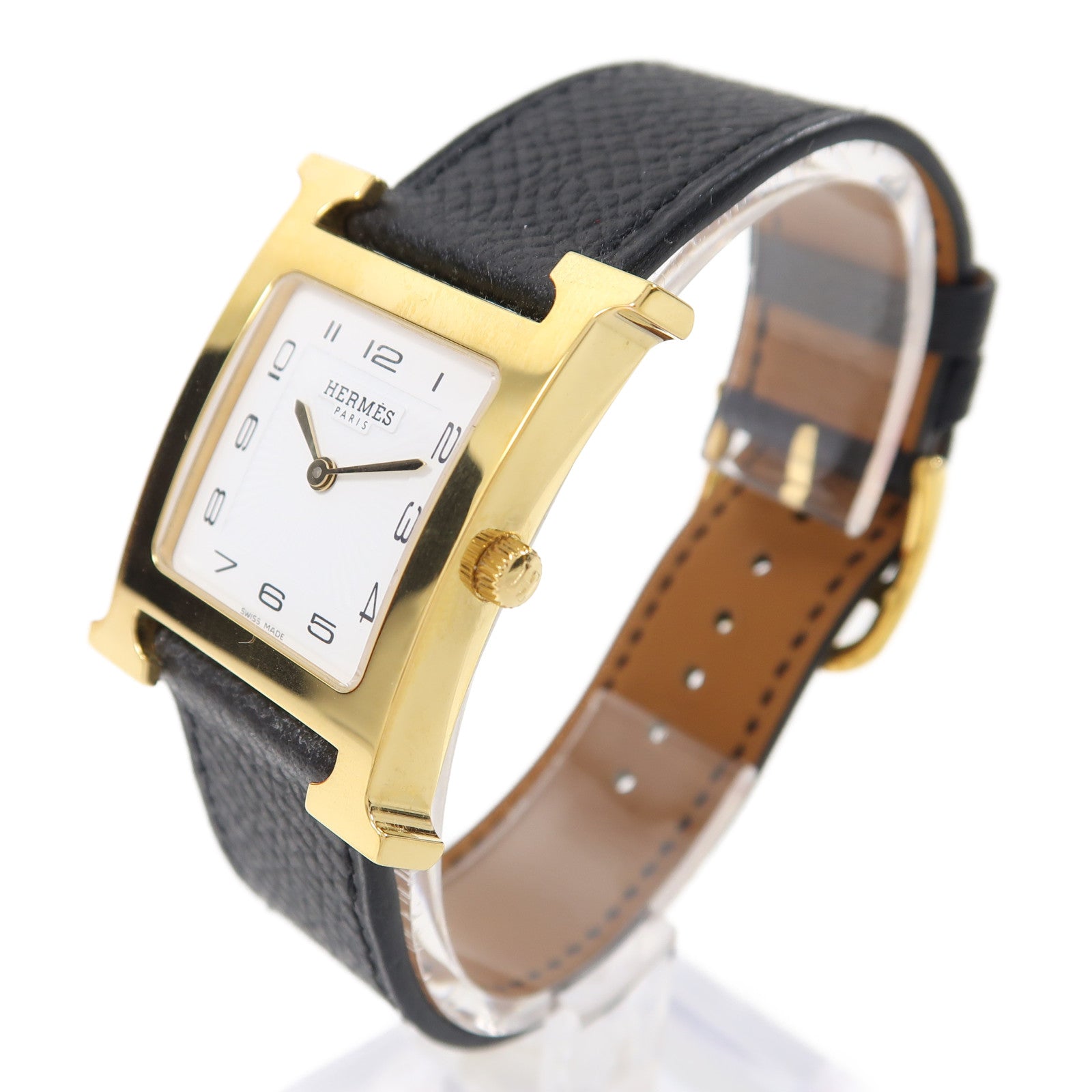 HERMES 皮革Heure H Watch 25mm手錶石英機芯黑色/金色