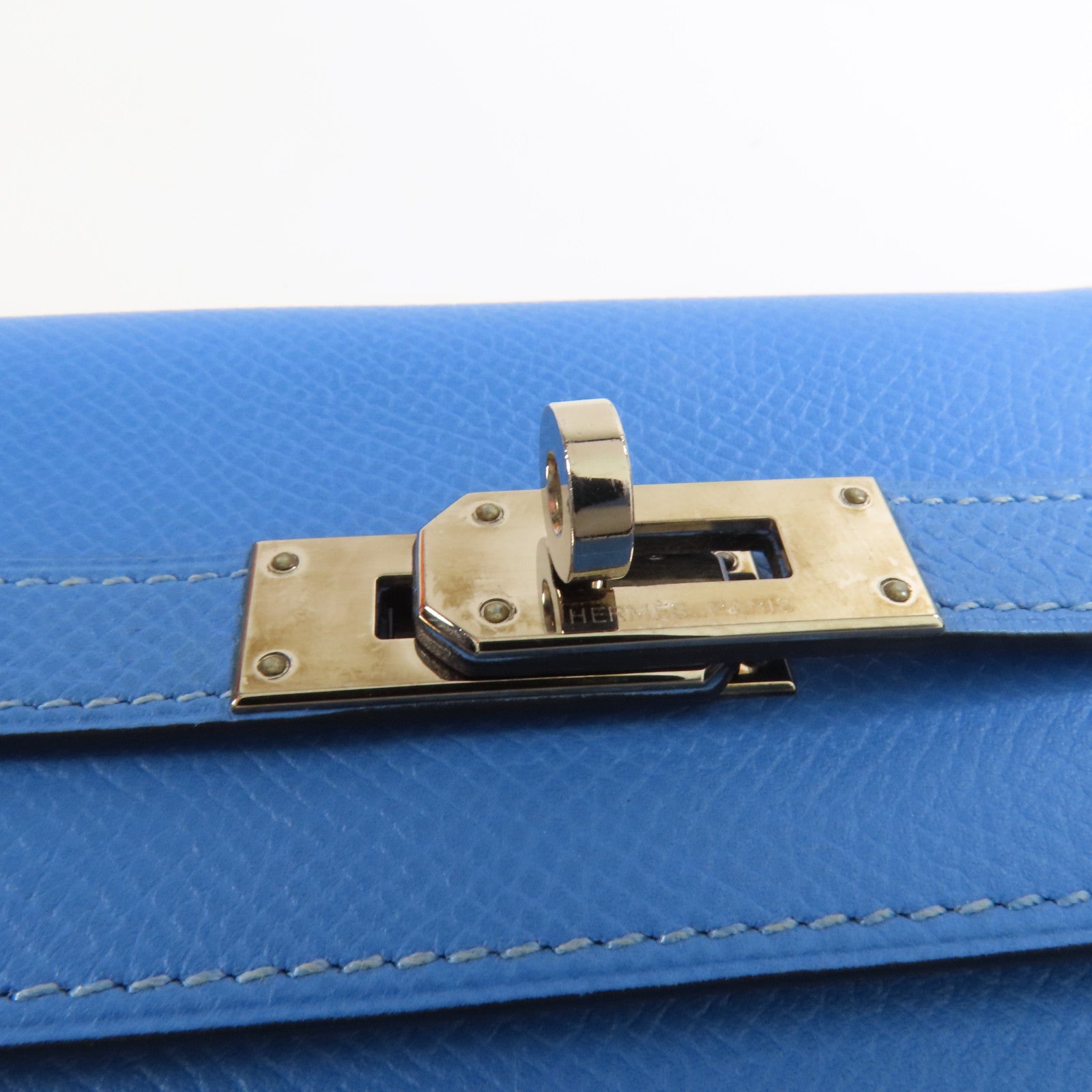 HERMES Epsom皮革Kelly Wallet銀扣長錢包Colvert Blue/Blue Nuit