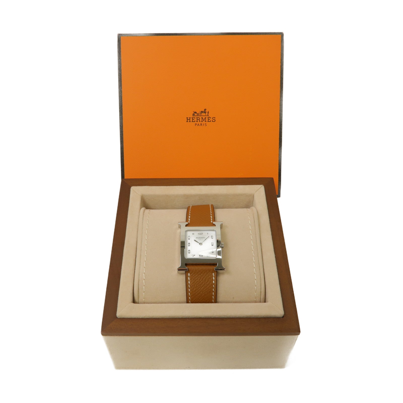 HERMES 不鏽鋼/皮革帶H Watch PM手錶石英機芯白色