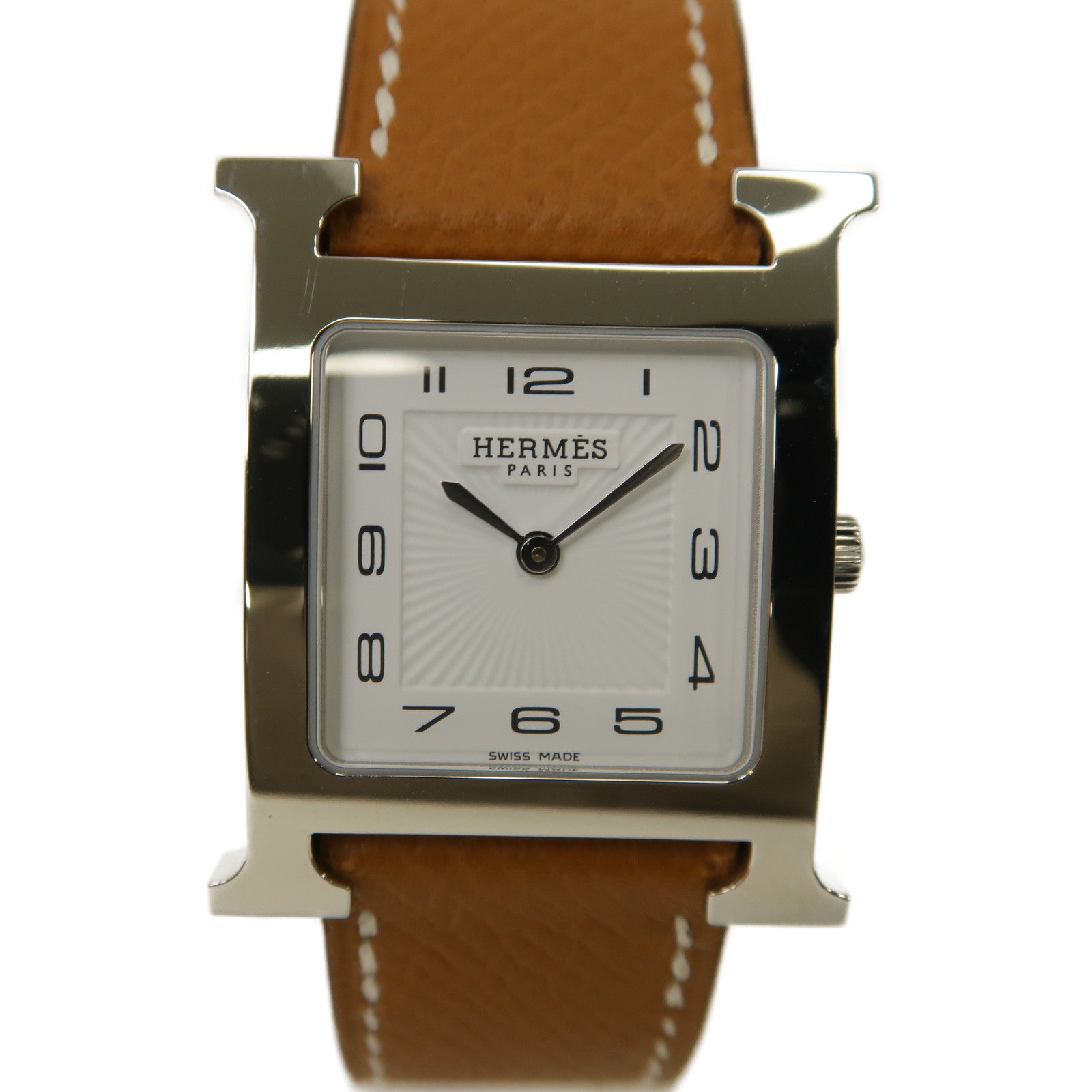 HERMES 不鏽鋼/皮革帶H Watch PM手錶石英機芯白色