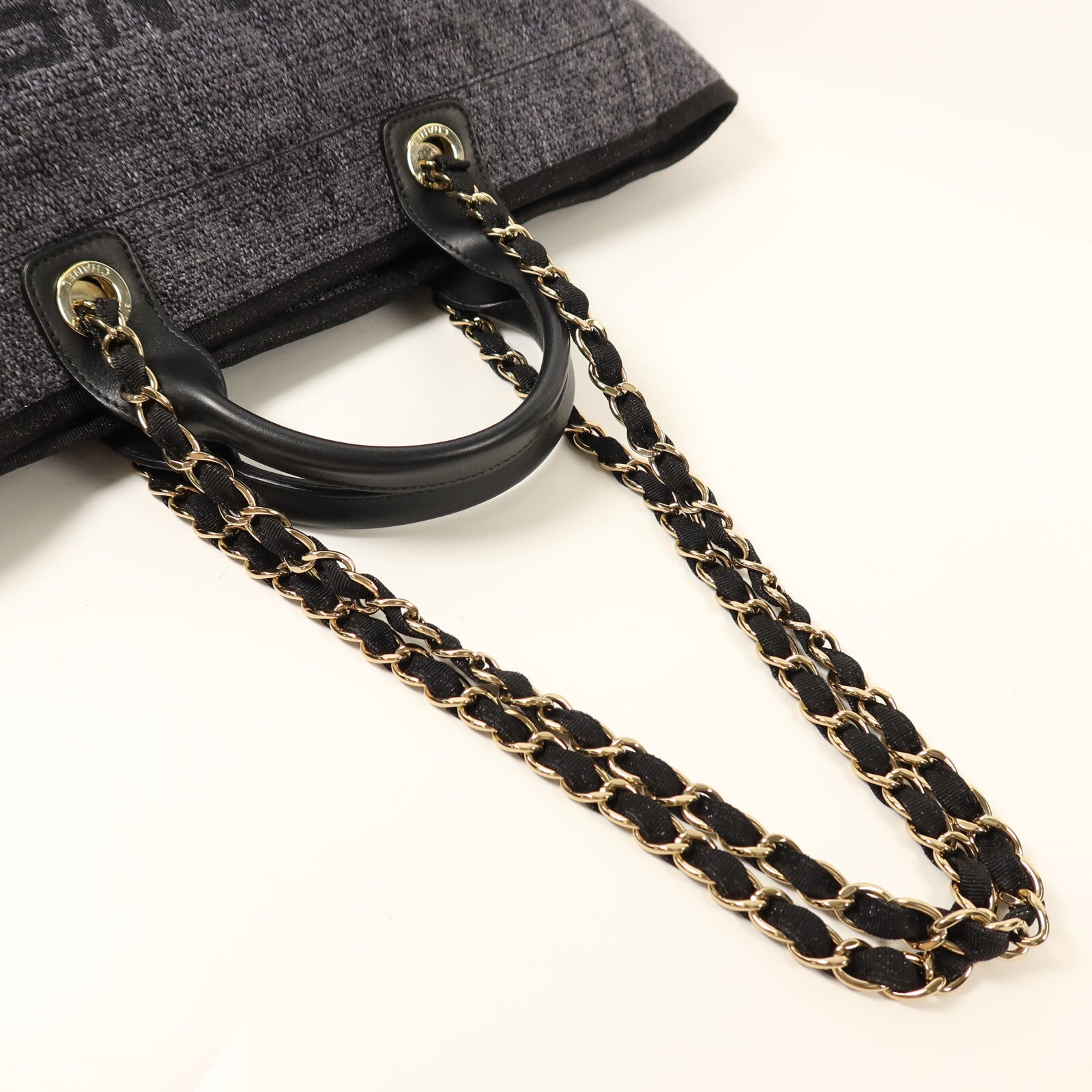 CHANEL 帆布Large Shopping Bag金扣鏈帶手挽肩背兩用袋