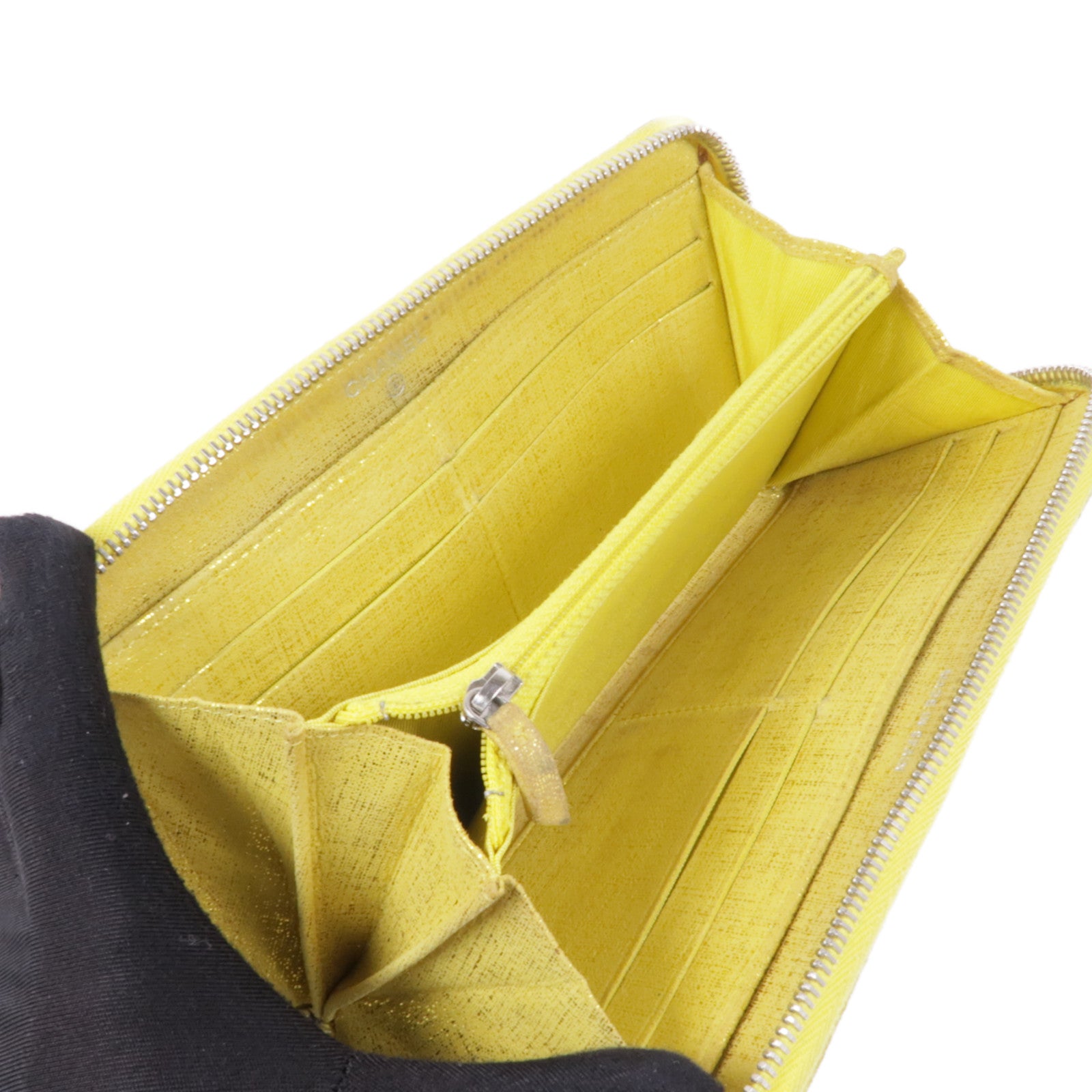 CHANEL CC SHW Zipper Long Wallet Canvas Yellow